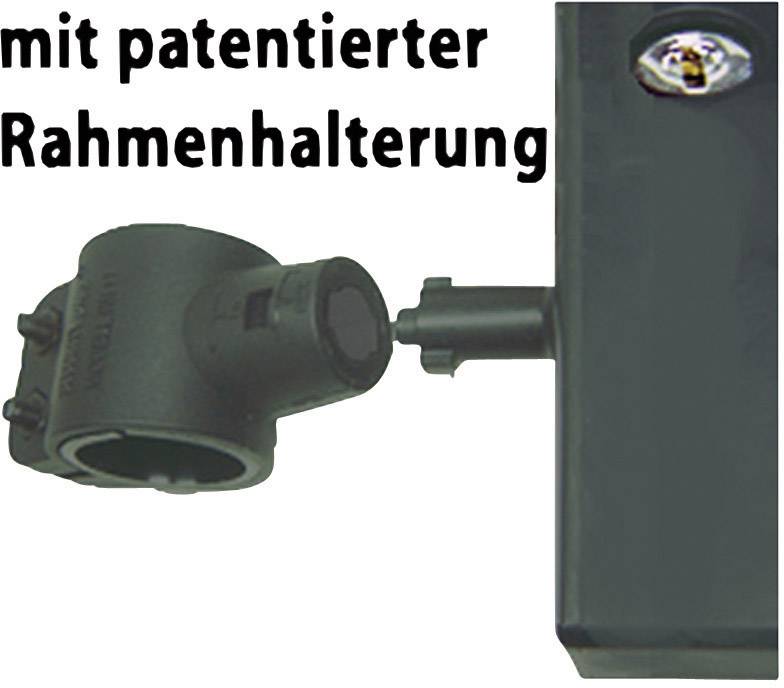 Ein schwarzes Gerät mit der Aufschrift 'mit patentierter Rahmenhalterung' zeigt eine Verbindungsklemme und eine LED-Leuchte.