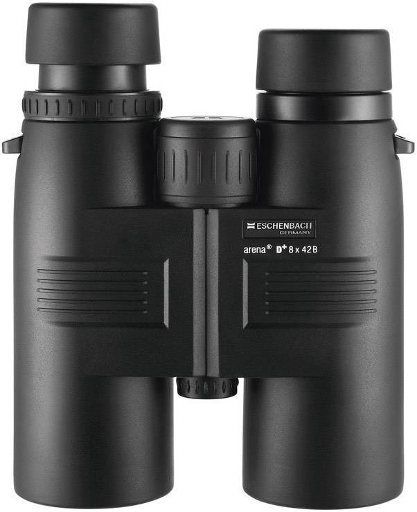 Ein schwarzes Fernglas der Marke Eschenbach, Modell 'arena' 8x42B, mit robustem Design und rutschfestem Griff, liegt auf einer hellen Oberfläche.