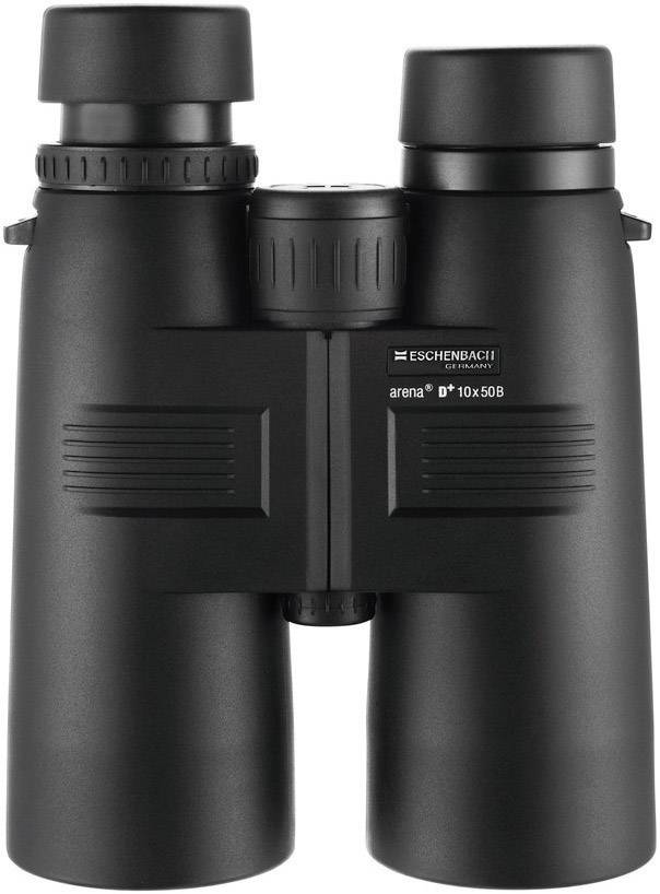 Ein schwarzes Fernglas der Marke Eschenbach, Modell 'Arena 10x50B', steht aufrecht. Ideal für Outdoor-Beobachtungen.