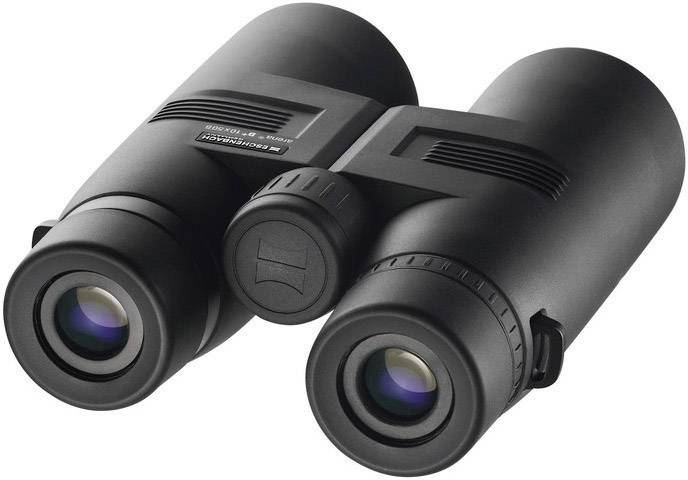 Ein schwarzes Fernglas liegt auf einer flachen Oberfläche, mit Linsen, die nach vorne zeigen.