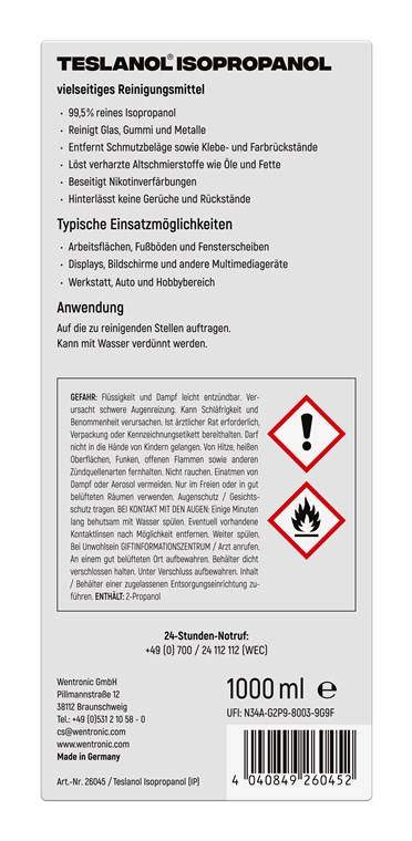 Teslanol 26045 Isopropanol 99,5 % Alkohol Reiniger zum Entfetten und Reinigen von Oberflächen Desinfektionsmittel 1l-5