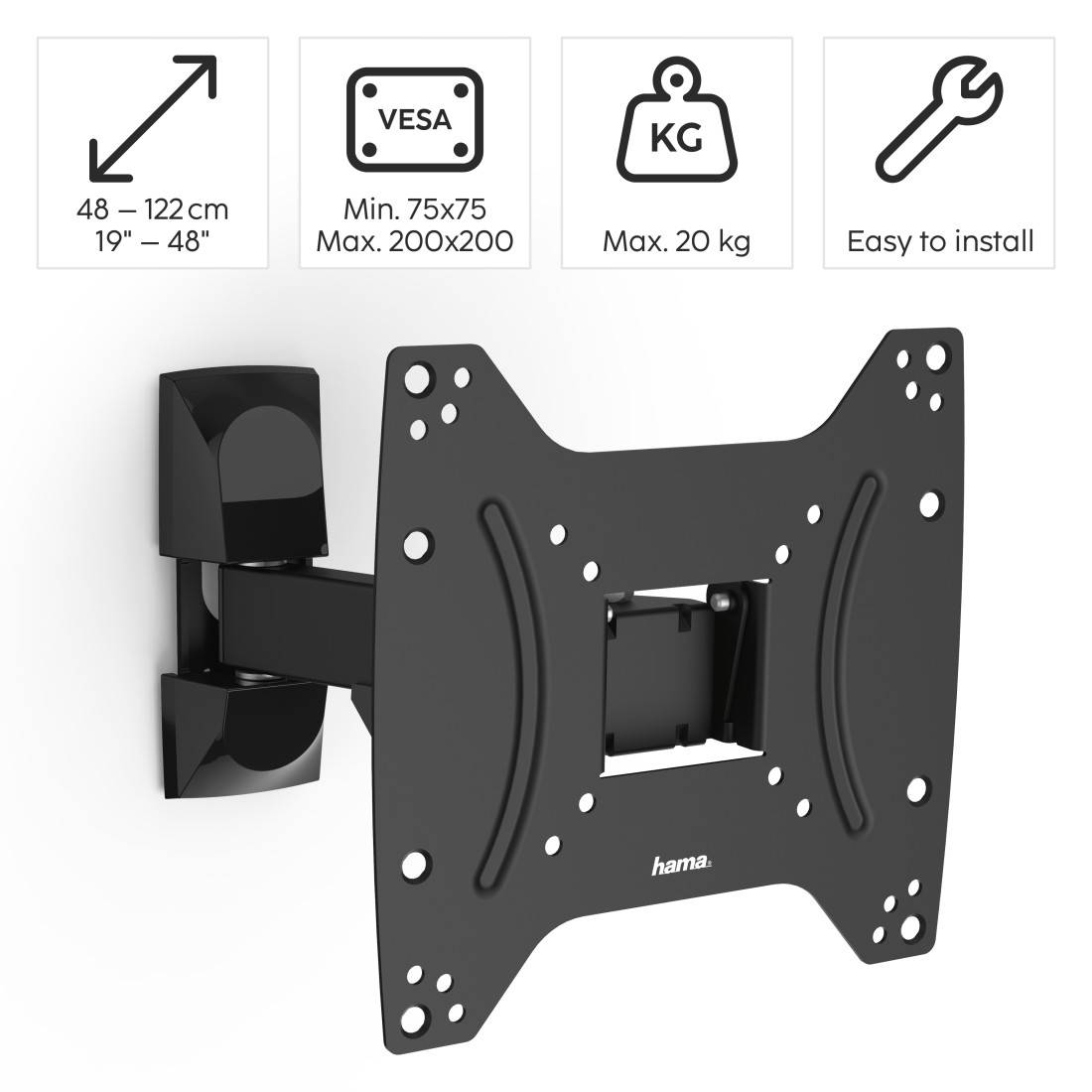 Hama 00118100 FULLMOTION TV-Wandhalterung 48,3 cm (19") - 121,9 cm (48") Neigbar, Schwenkbar-1