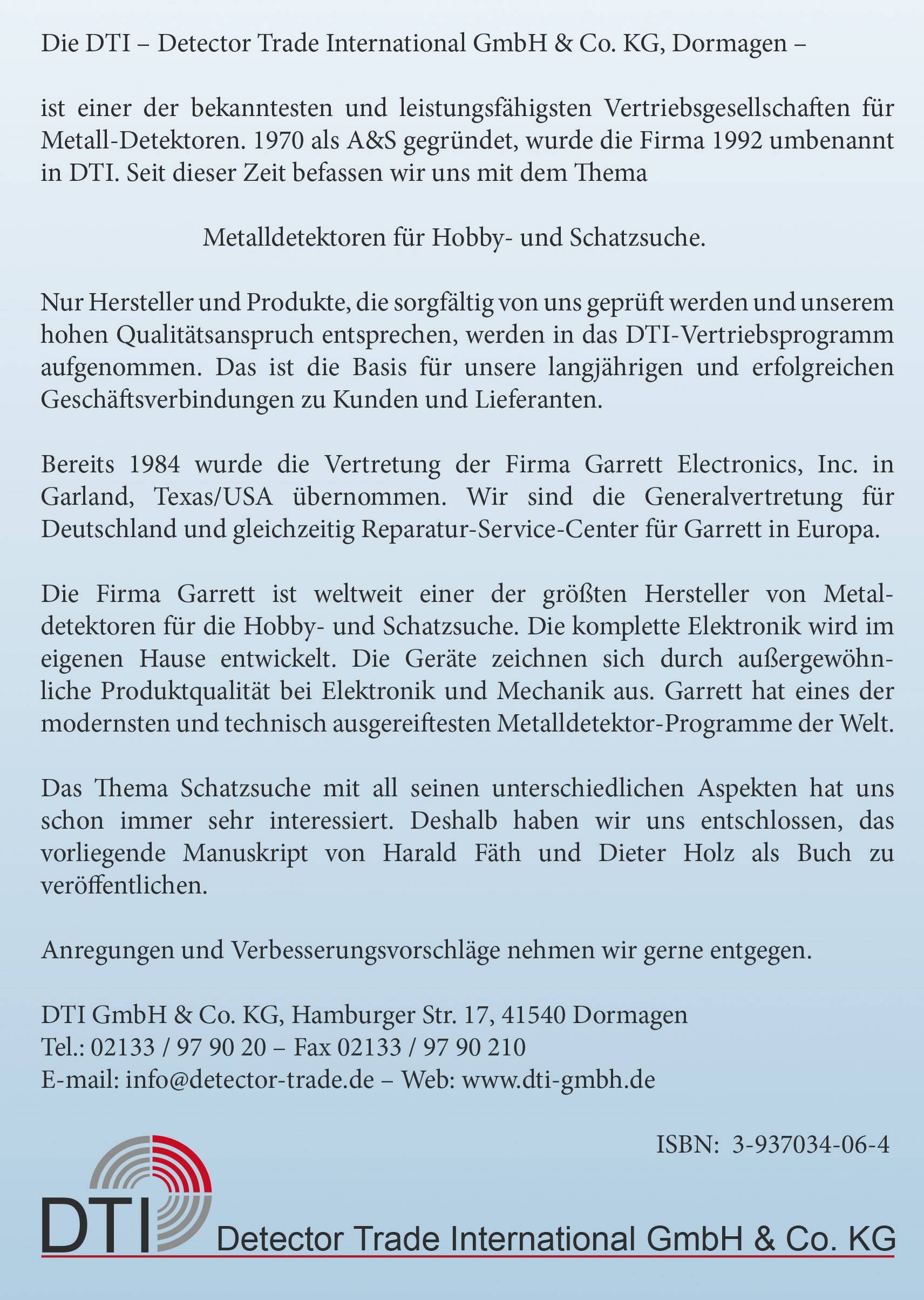 Ein Flyer der Firma DTI mit Informationen über deren Angebot an Metallsuchgeräten. Enthält Kontaktdaten und Firmengeschichte.
