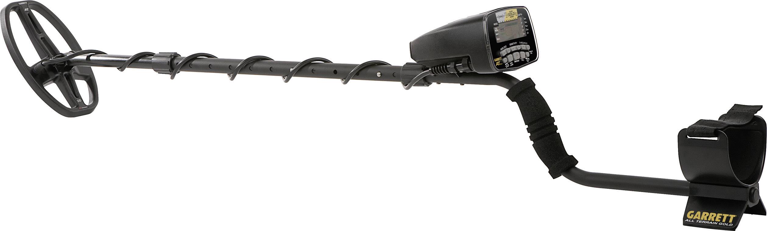 Ein schwarzer Metalldetektor mit einem ergonomischen Griff und einer Anzeigeeinheit, verwendet zum Auffinden von Metallobjekten im Boden.