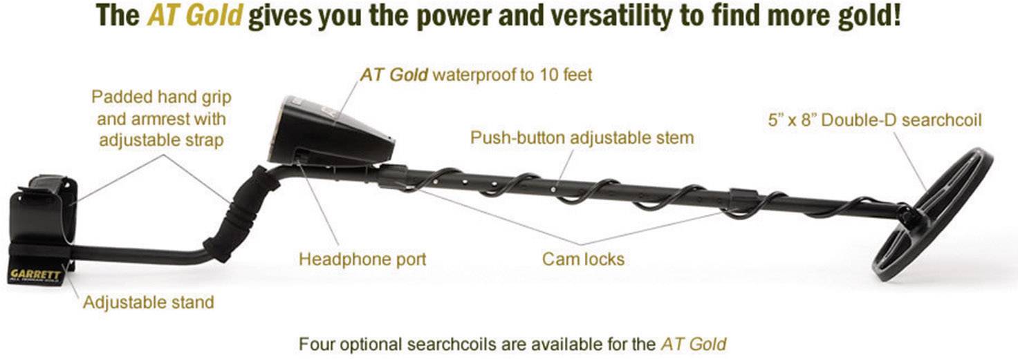 'Metalldetektor AT Gold mit verschiedenen Teilen: Handgriff mit Armstütze, einstellbarer Stiel, Suchspule, wasserdicht bis 3 Meter.'