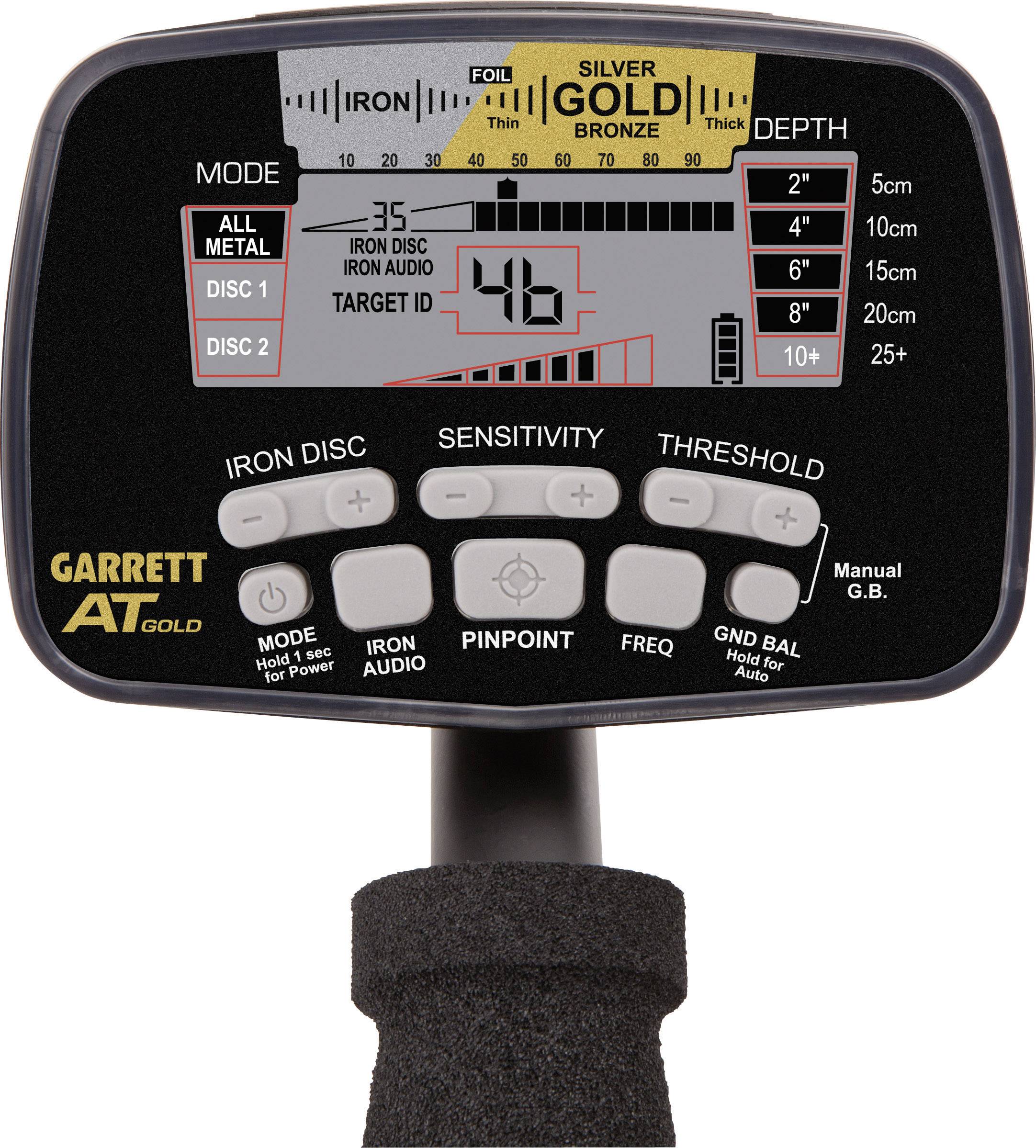 Ein Metalldetektor-Bedienfeld zeigt eine Anzeige mit Tiefenskala, Eisen- und Aluminiumerkennung, sowie Bedienelementen für Empfindlichkeit und Modus.