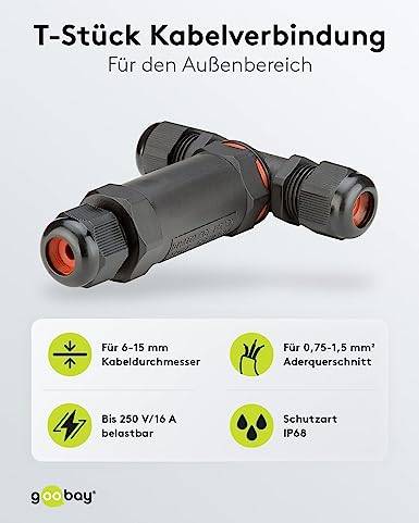 Goobay 81286 Outdoor T-Stück Kabelverbinder wasserdicht IP68 3 polige Kabelmuffe Stromkabel verbinden T Verbindungsmuffe-1