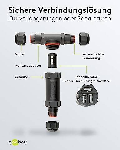Goobay 81286 Outdoor T-Stück Kabelverbinder wasserdicht IP68 3 polige Kabelmuffe Stromkabel verbinden T Verbindungsmuffe-3