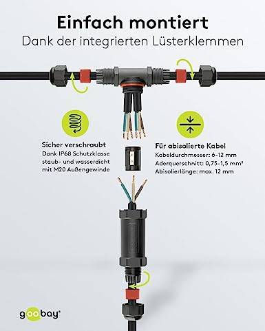 Goobay 81286 Outdoor T-Stück Kabelverbinder wasserdicht IP68 3 polige Kabelmuffe Stromkabel verbinden T Verbindungsmuffe-4