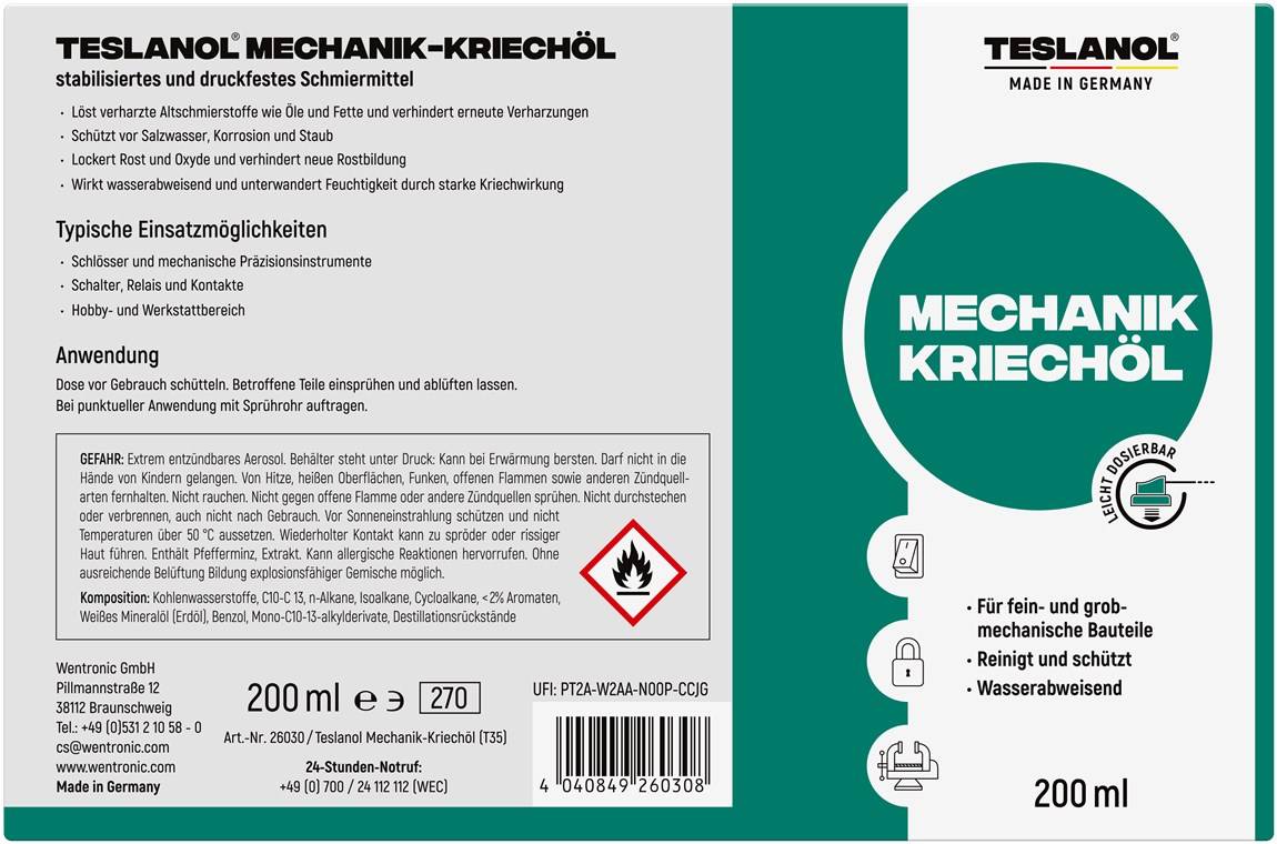Teslanol 26030 Universal Mechaniker Kriechöl Spray Schmieröl Schutz & Pflege von Metallteilen Sprühöl Schmierfett 200 ml-5