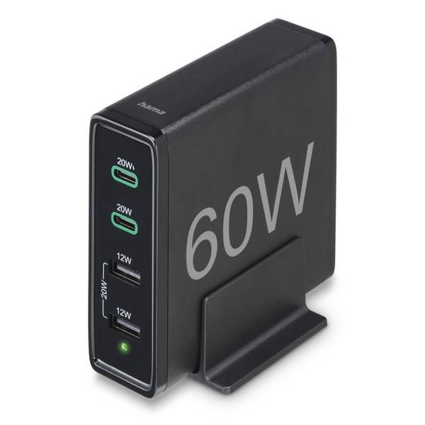 hama 00201628 Ladestation 4 Ports, Schnellladegerät, 2x USB-C, 2x USB-A, PD, 60 W, SW