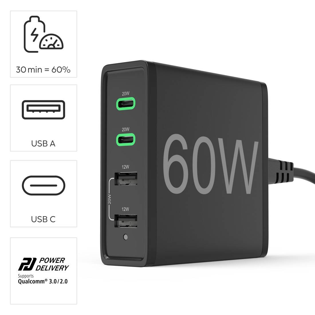 hama 00201628 Ladestation 4 Ports, Schnellladegerät, 2x USB-C, 2x USB-A, PD, 60 W, SW-1