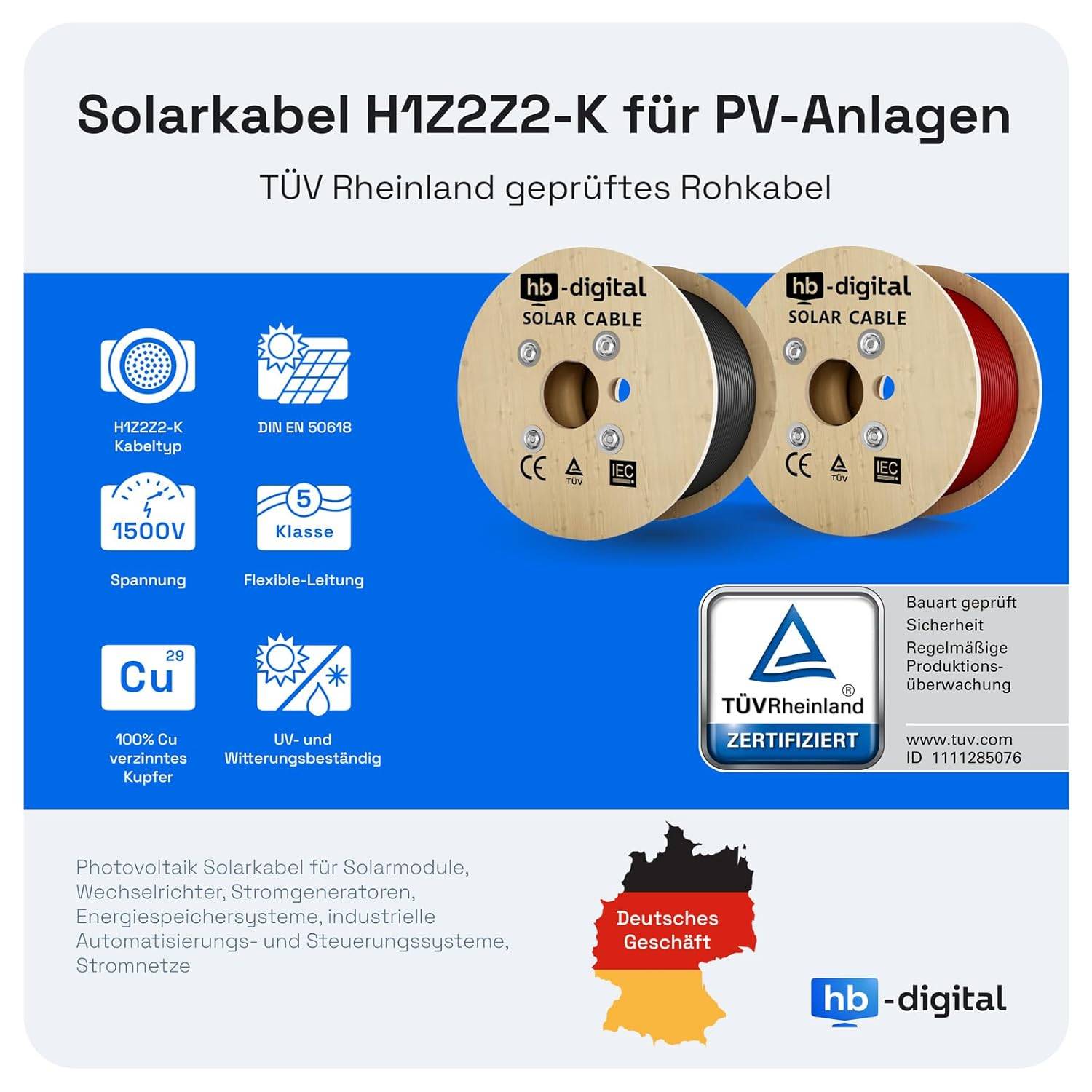 hb-digital 2x 10m Solar Verlängerungskabel 4mm² für PV Anlagen mit 1500V Solarstecker schwarz und rot-1