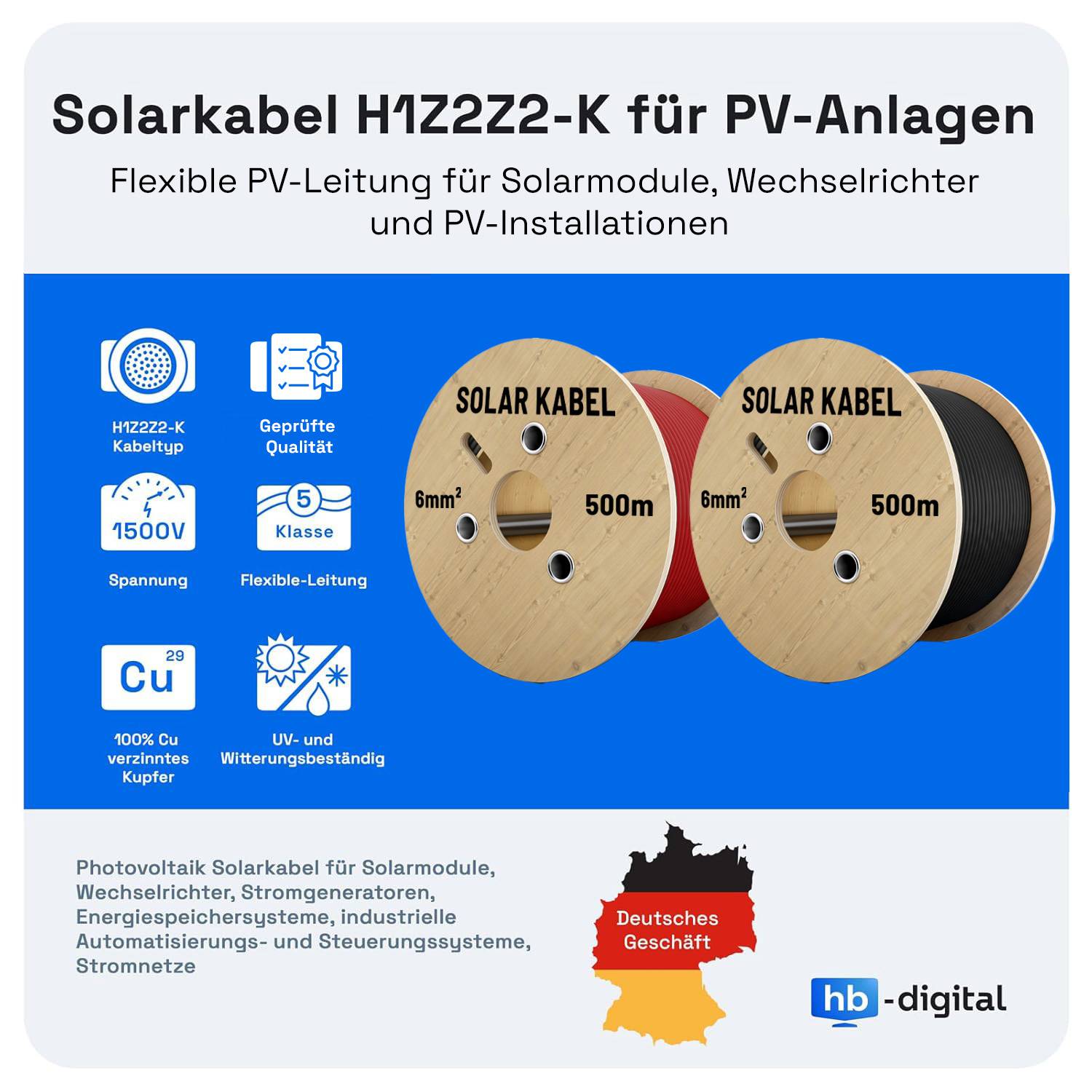 hb-digital 2x 2m Solarkabel 6mm2 mit Solar Stecker Solar Verlängerungskabel 6 mm²-1