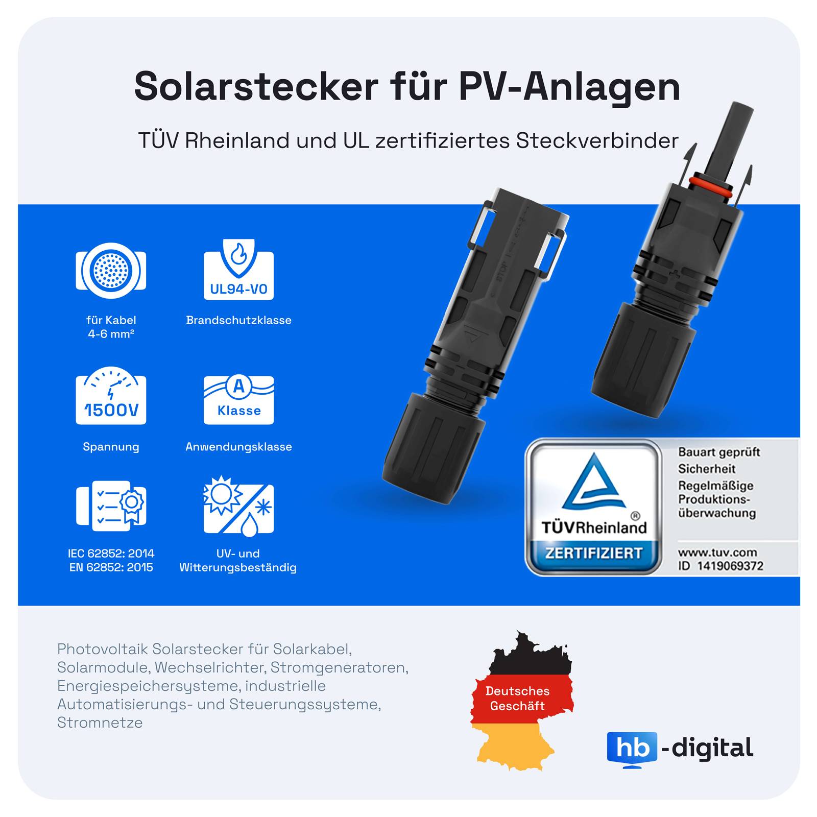 hb-digital 2x 2m Solarkabel 6mm2 mit Solar Stecker Solar Verlängerungskabel 6 mm²-2