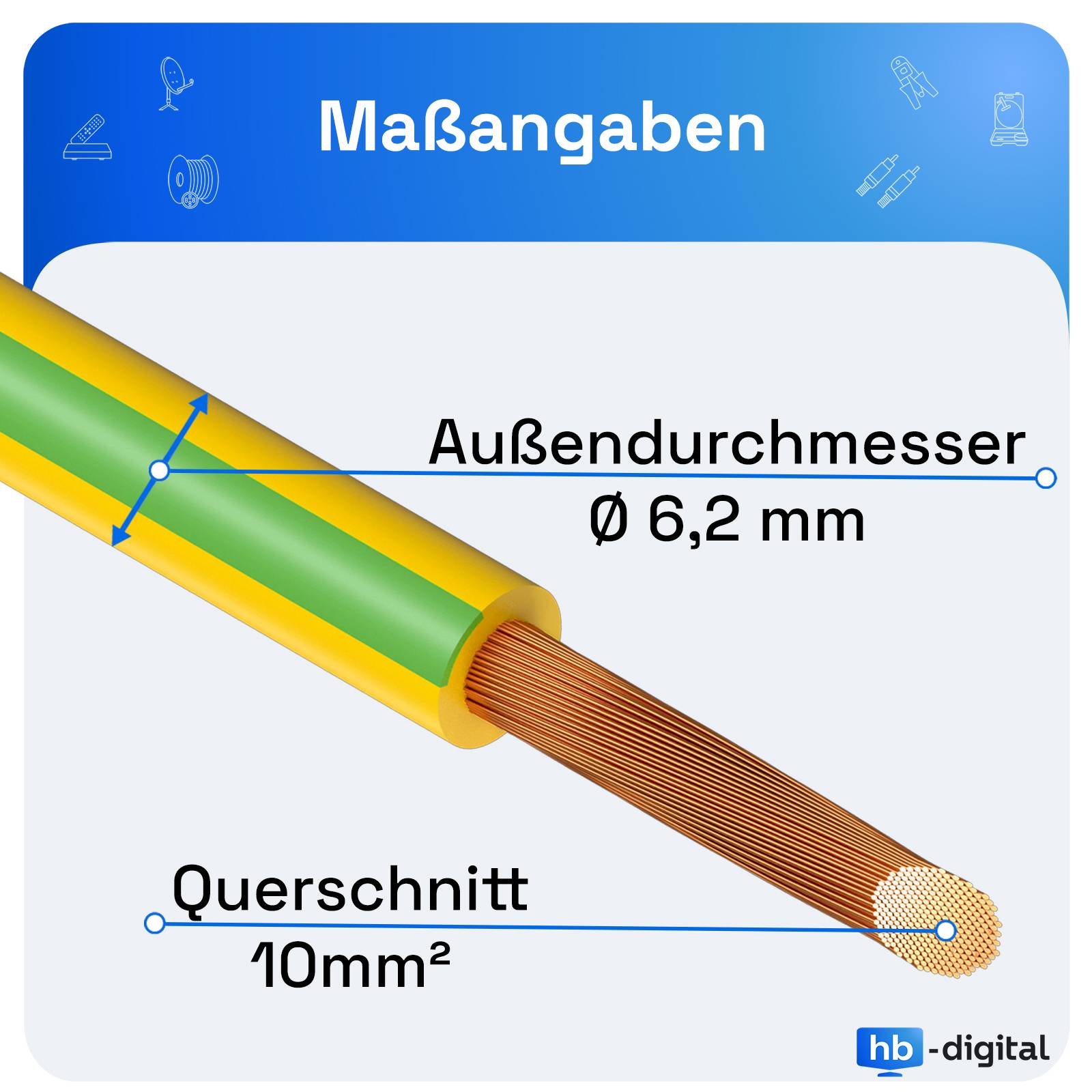 hb-digital Erdungskabel 10mm2 flexibel 15m PVC Aderleitung H07V-K-1