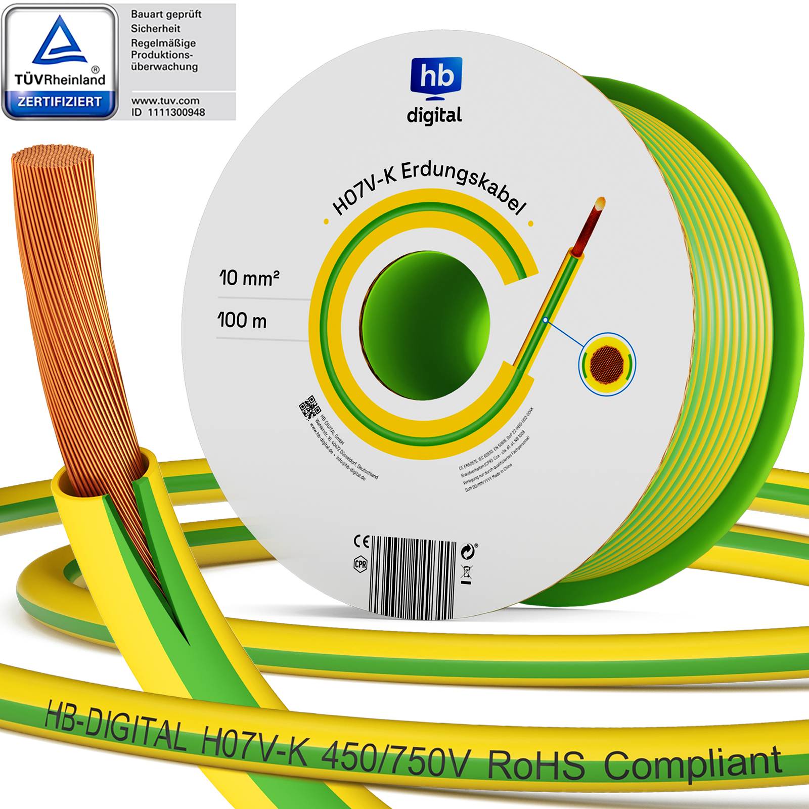 hb-digital Erdungskabel 10mm2 flexibel 100m PVC Aderleitung H07V-K-0