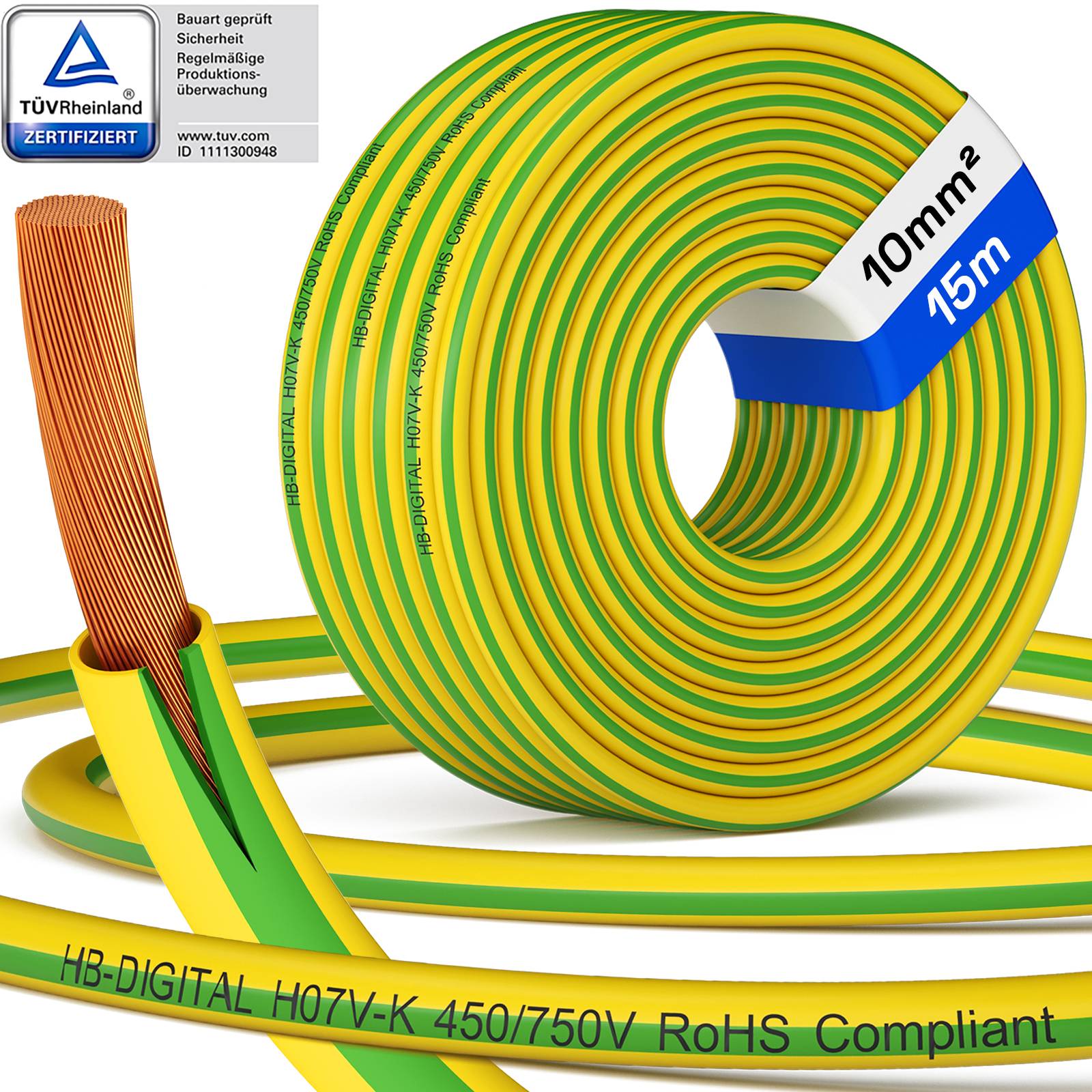 hb-digital Erdungskabel 10mm2 flexibel 15m PVC Aderleitung H07V-K-0