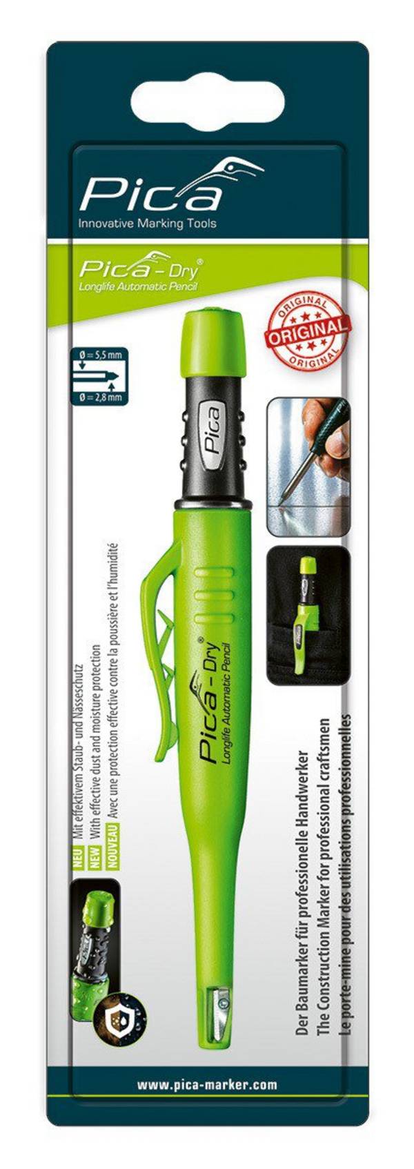 Pica-Marker Pica DRY Longlife Automatic Pen, Schwarz, Grün, Kunststoff, Edelstahl, Grau, 2B, 2,8 mm, 12,5 cm