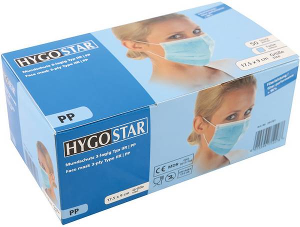 Hygostar Mundschutz PP, blau, Typ IIR, 3-lagig, Gummibänder, VPE: 50 Stück