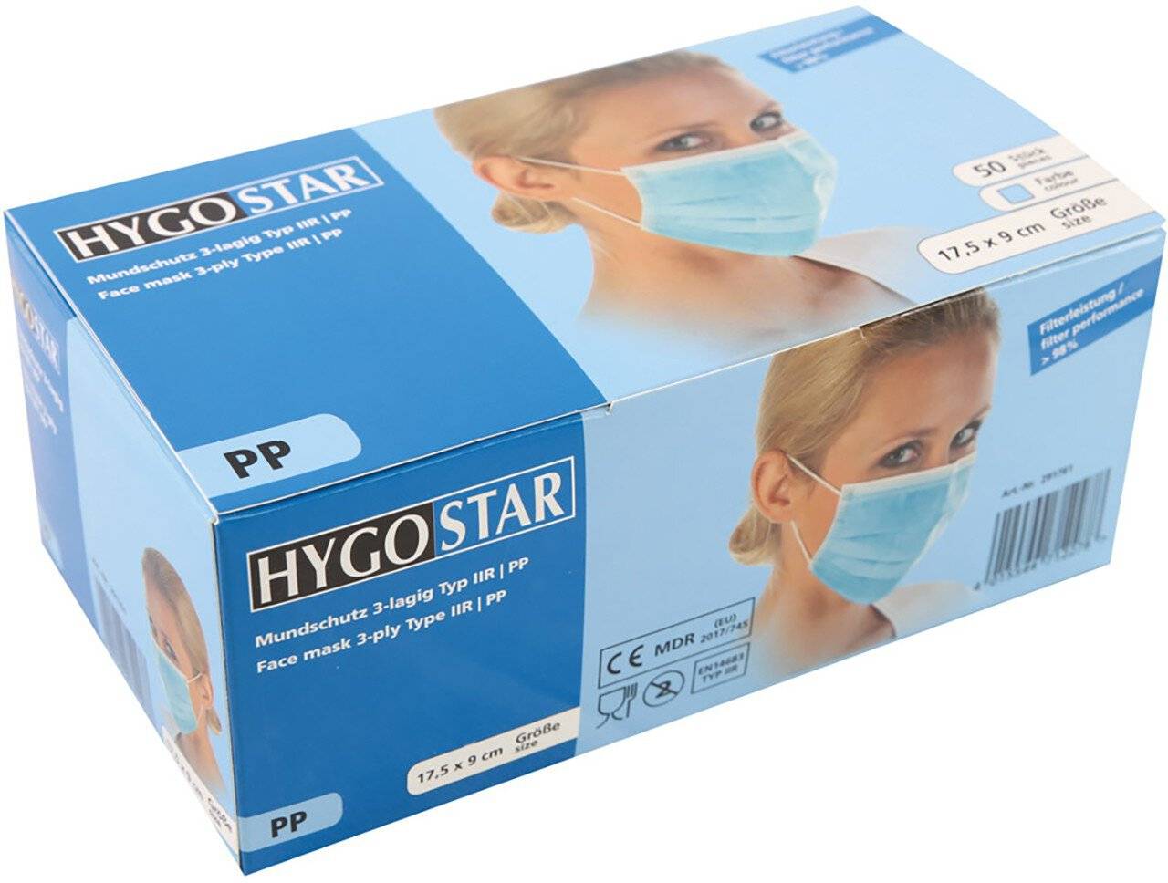 Hygostar Mundschutz PP, blau, Typ IIR, 3-lagig, Gummibänder, VPE: 50 Stück-0