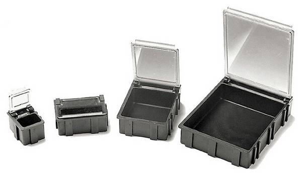 SMD-Klappbox, schwarz mit transparentem, metallisiertem Deckel, 16x12x15 mm