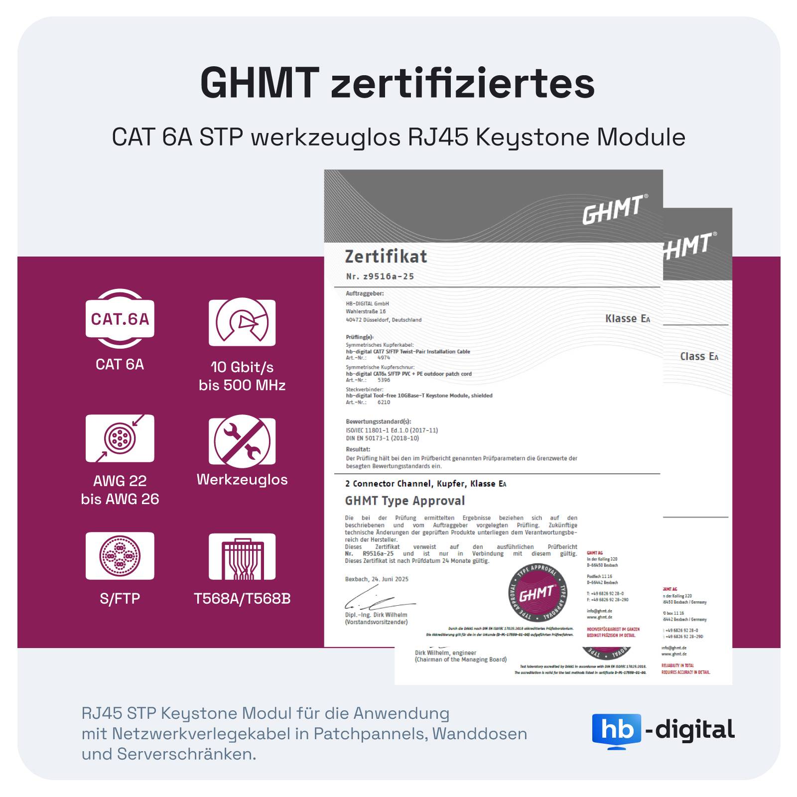 hb-digital 24x Keystone Modul CAT 6a RJ45 180° Anschluss frontale LSA-Öffnung Zinklegierung silber-1
