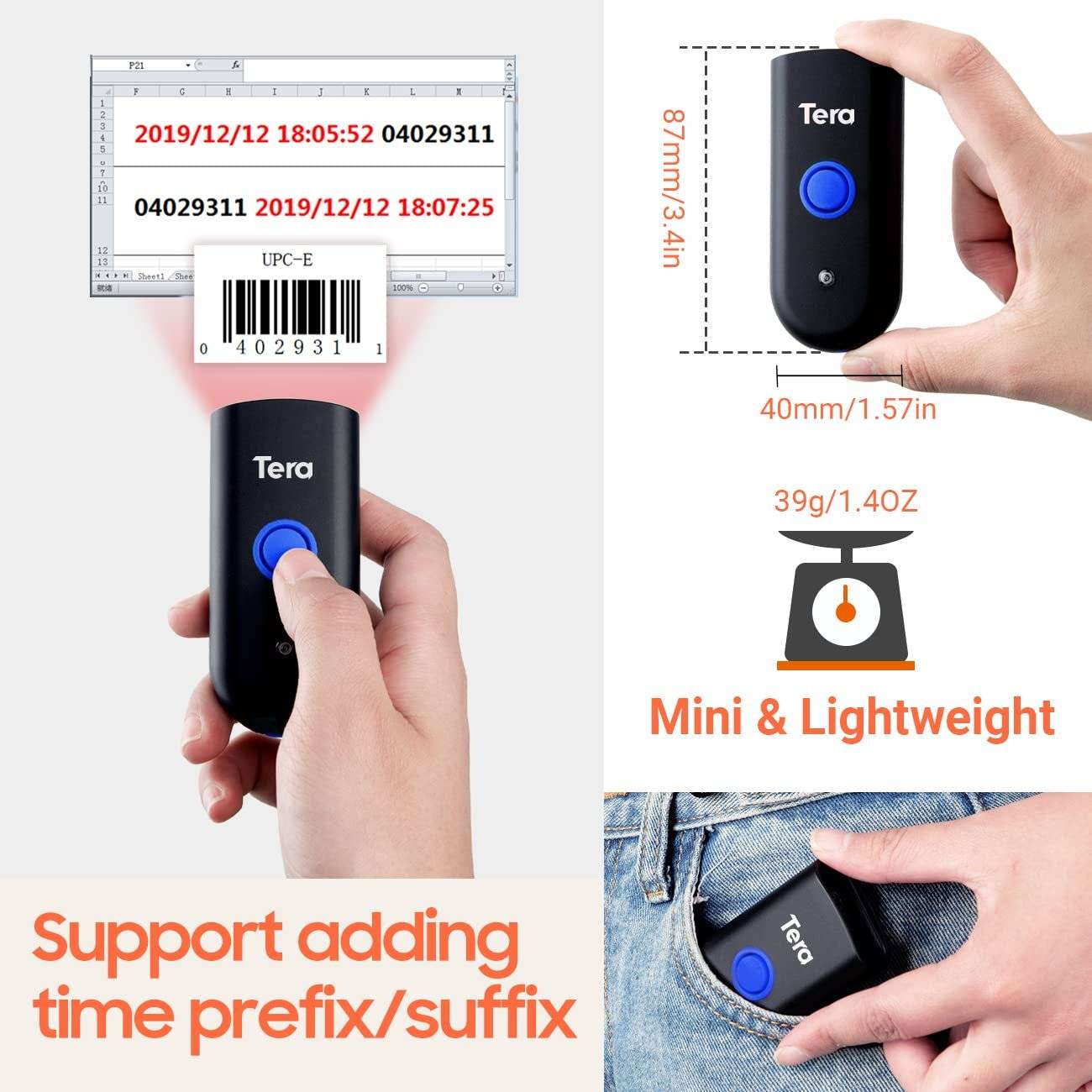 Tera Barcode-Scanner Handscanner 3-in-1 Bluetooth USB-Kabel 2,4G Wireless 1D Barcode 1100L-5