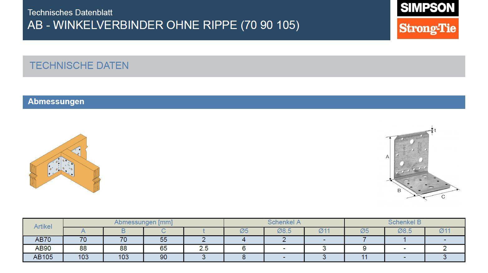 Simpson Winkelverbinder AB105 ohne Rippe 90 Grad Stahl verzinkt 103 x 103 x 90 x 3 mm-1