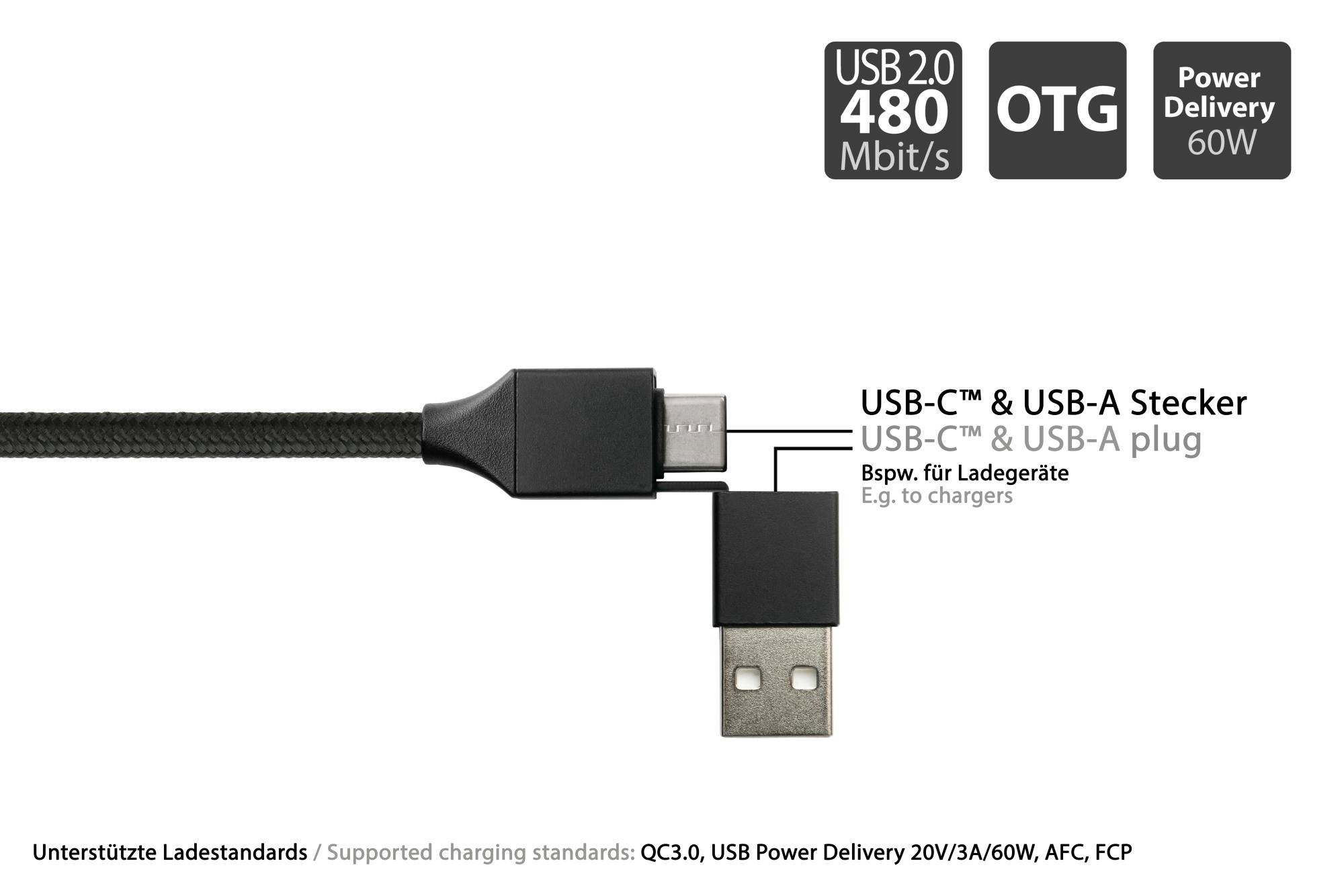 USB 2.0 Lade- und Datenkabel, USB-A und USB-C™ an USB-C™, QC 3.0, PD 60W, Textilmantel, schwarz, 1m, PYTHON® Series-5