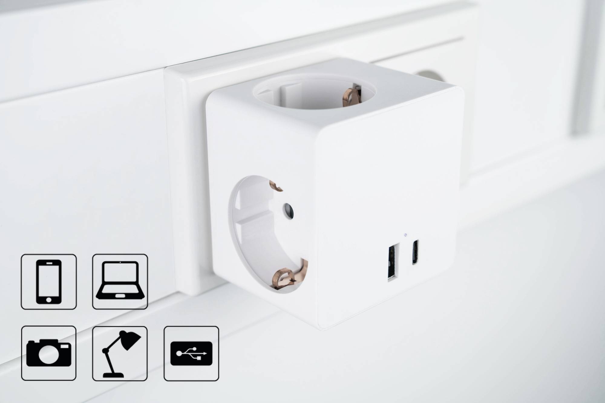 Steckdosenwürfel mit 3x Schutzkontakt-Buchse, USB-C™ (20W, PD 3.0) und USB-A Buchse (18W), weiß-4