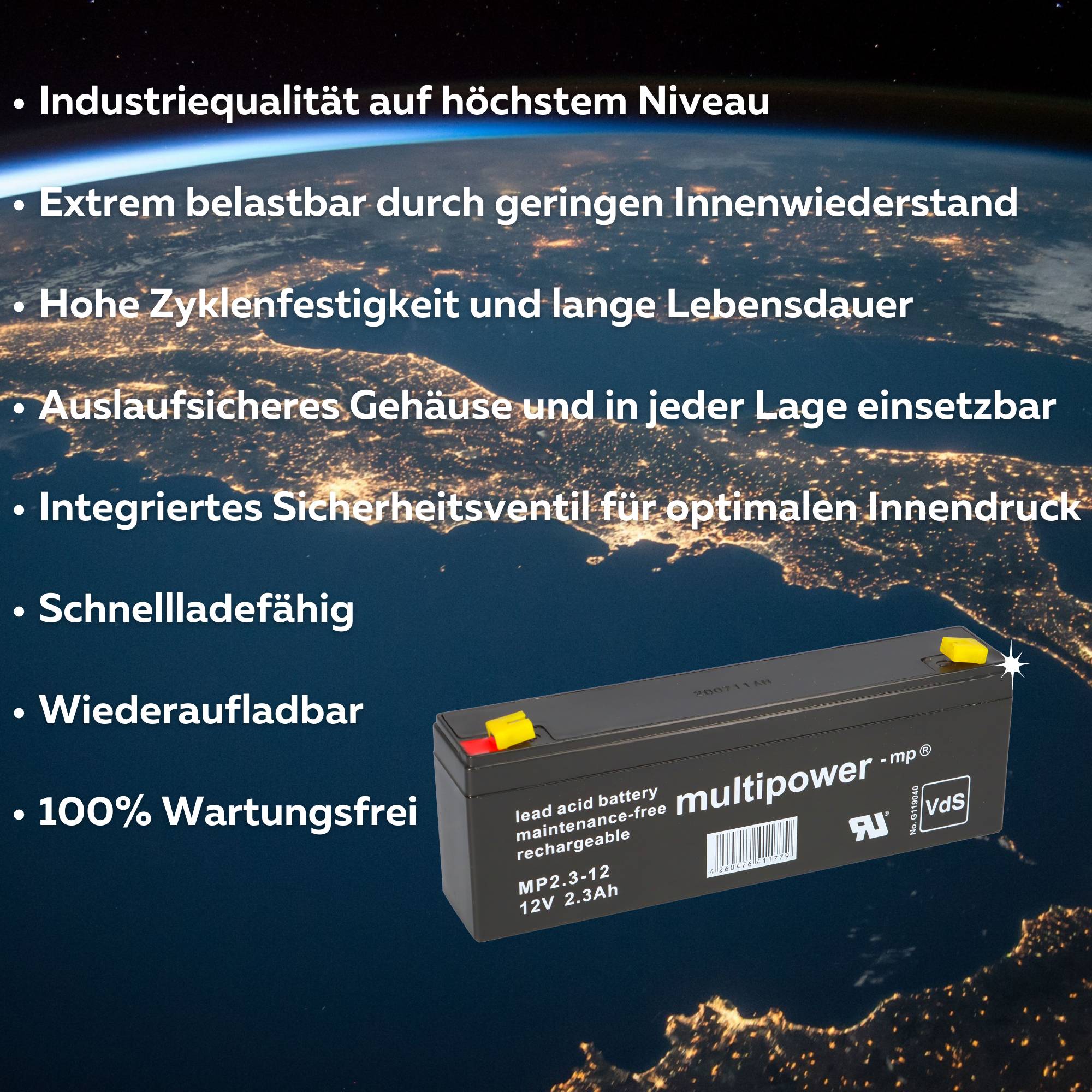 Multipower MP2,3-12 AGM Bleiakku 12V 2,3Ah Faston 4,8 mm für Alarmanlage, Notbeleuchtung & Sicherheitstechnik-2
