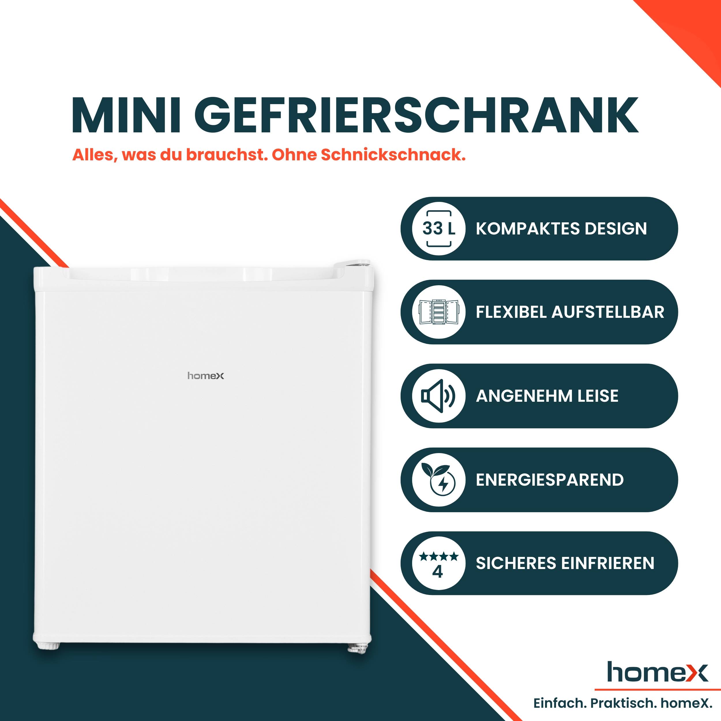 homeX Mini Gefrierschrank, Gefriertruhe klein - 33L Nutzinhalt, 4-Sterne Gefrierbox, Freezer, Tiefkühlschrank, FM1015-W-1