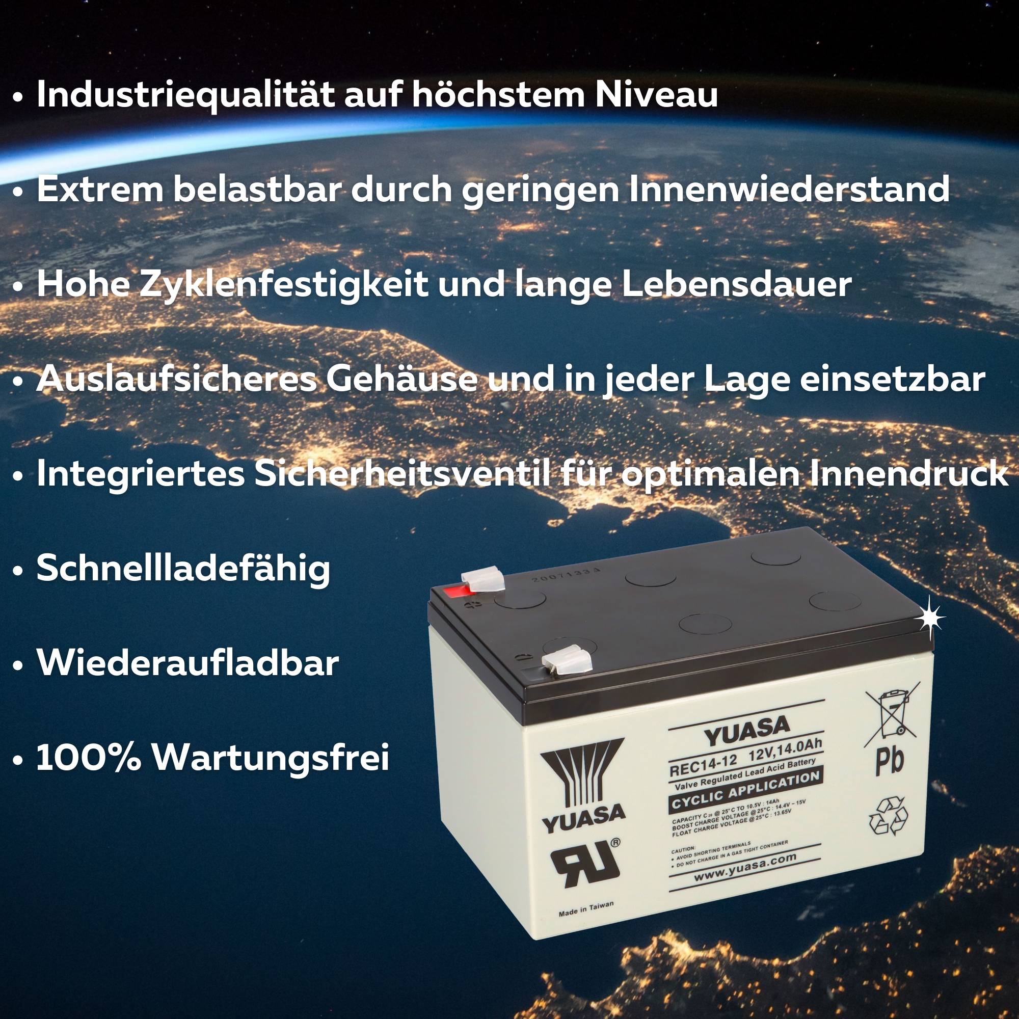 Yuasa REC14-12 zyklenfester AGM-Bleiakku 12V 14Ah – Faston F2 6,3 mm-2