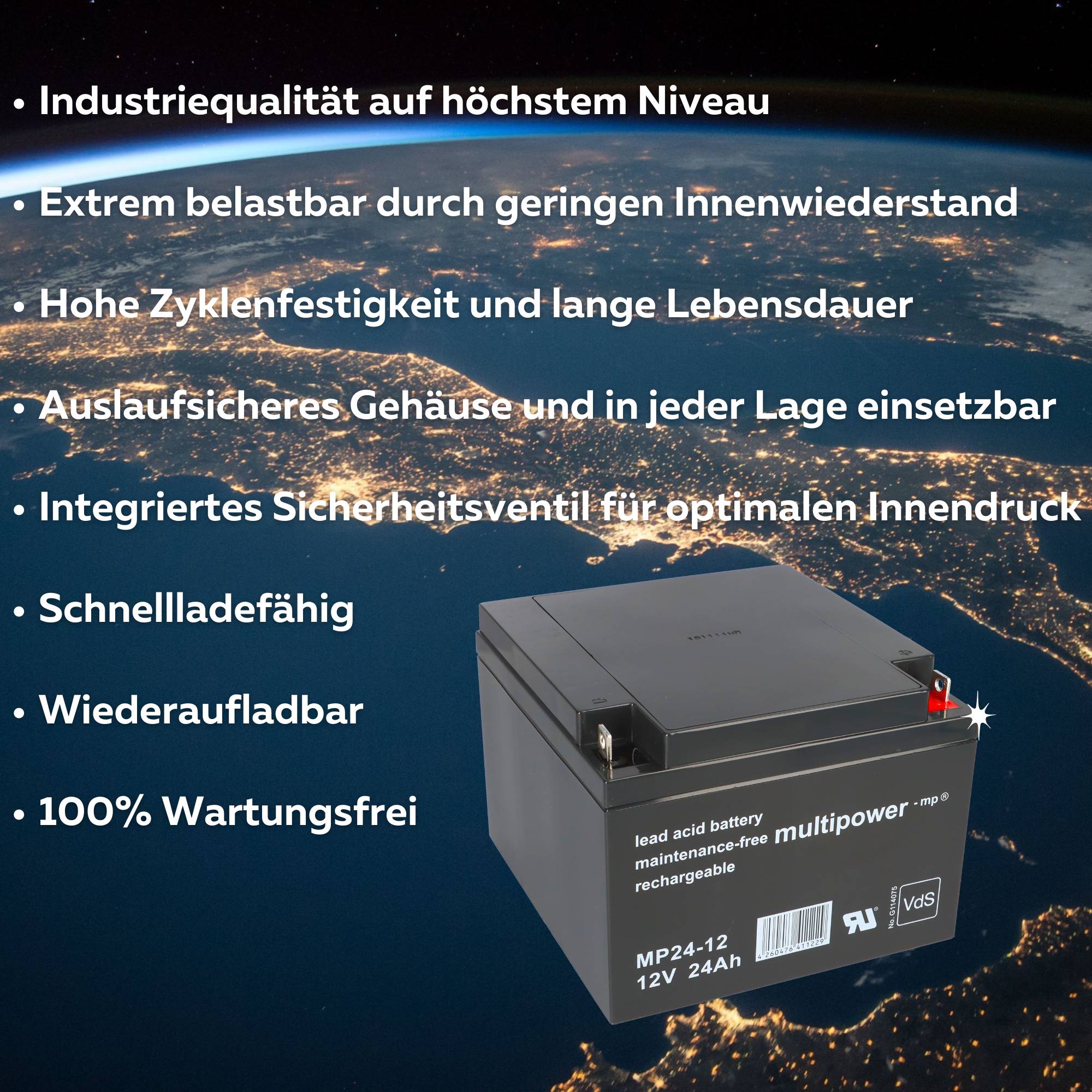 Multipower MP24-12 AGM Bleiakku 12V 24Ah M5 Schraubanschluss für USV, Notstrom & Sicherheitstechnik-1