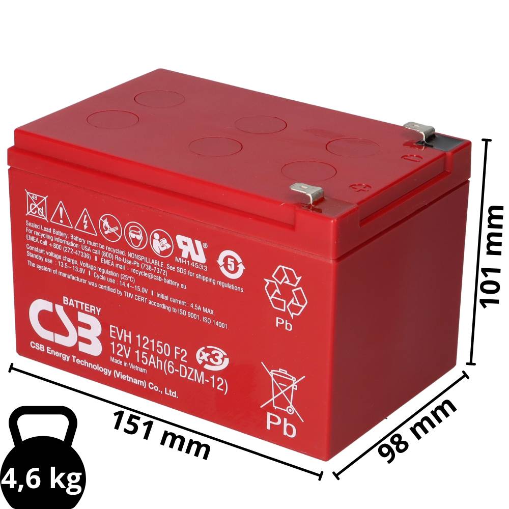 CSB EVH12150 High-Cycle AGM Bleiakku 12V 15Ah T2 / Faston 6,3 mm-1