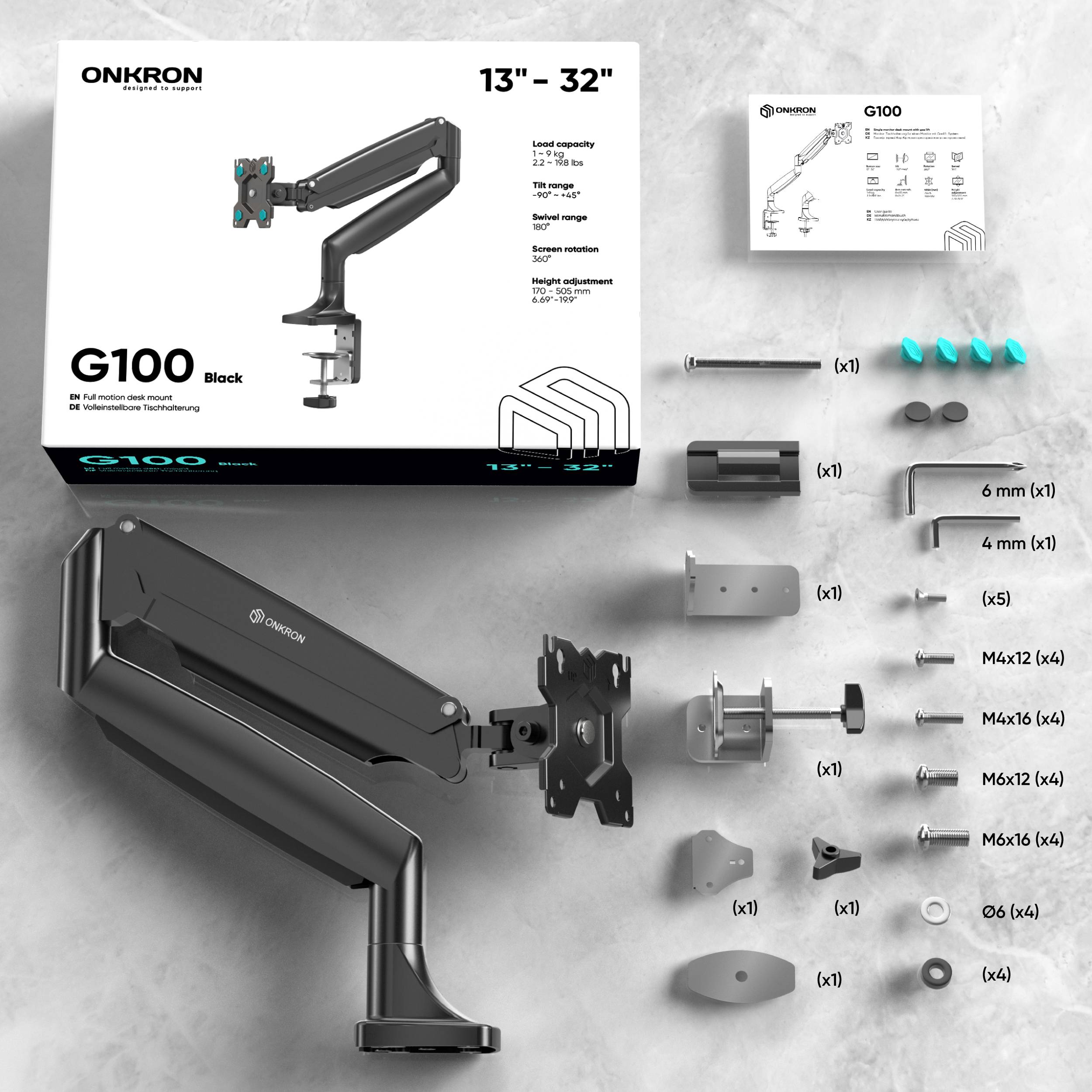 ONKRON Monitorhalterung 13"-32", 9 kg max, VESA 75x75-100x100, schwenkbar, neigbar, G100-B-6
