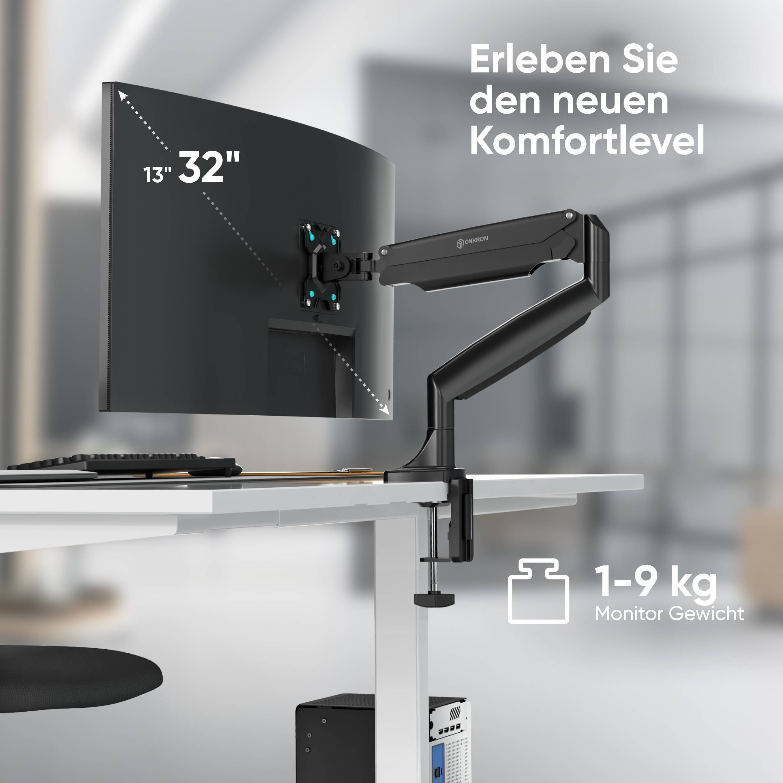 ONKRON Monitorhalterung 13"-32", 9 kg max, VESA 75x75-100x100, schwenkbar, neigbar, G100-B-1