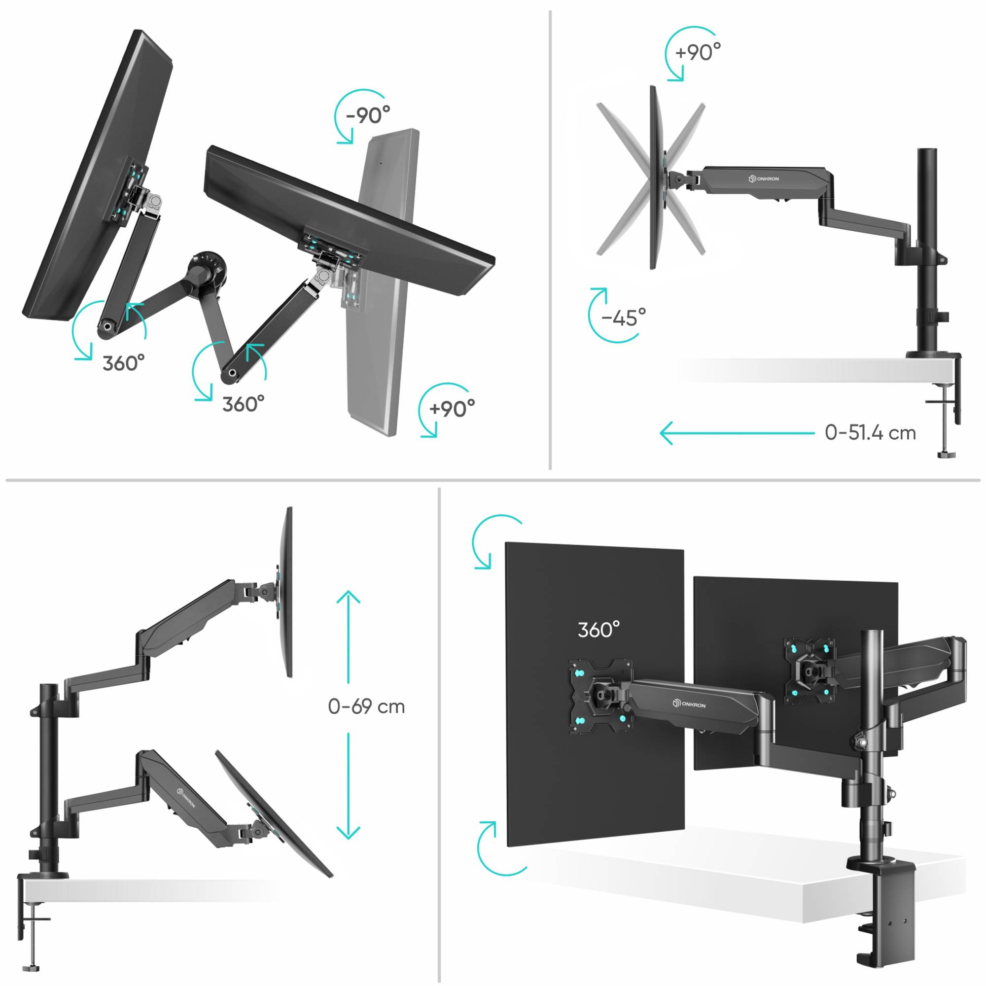 ONKRON Tischhalterung für 2 Monitore 13-32", bis 8 kg, VESA 75x75/100x100, Schwarz G140-1