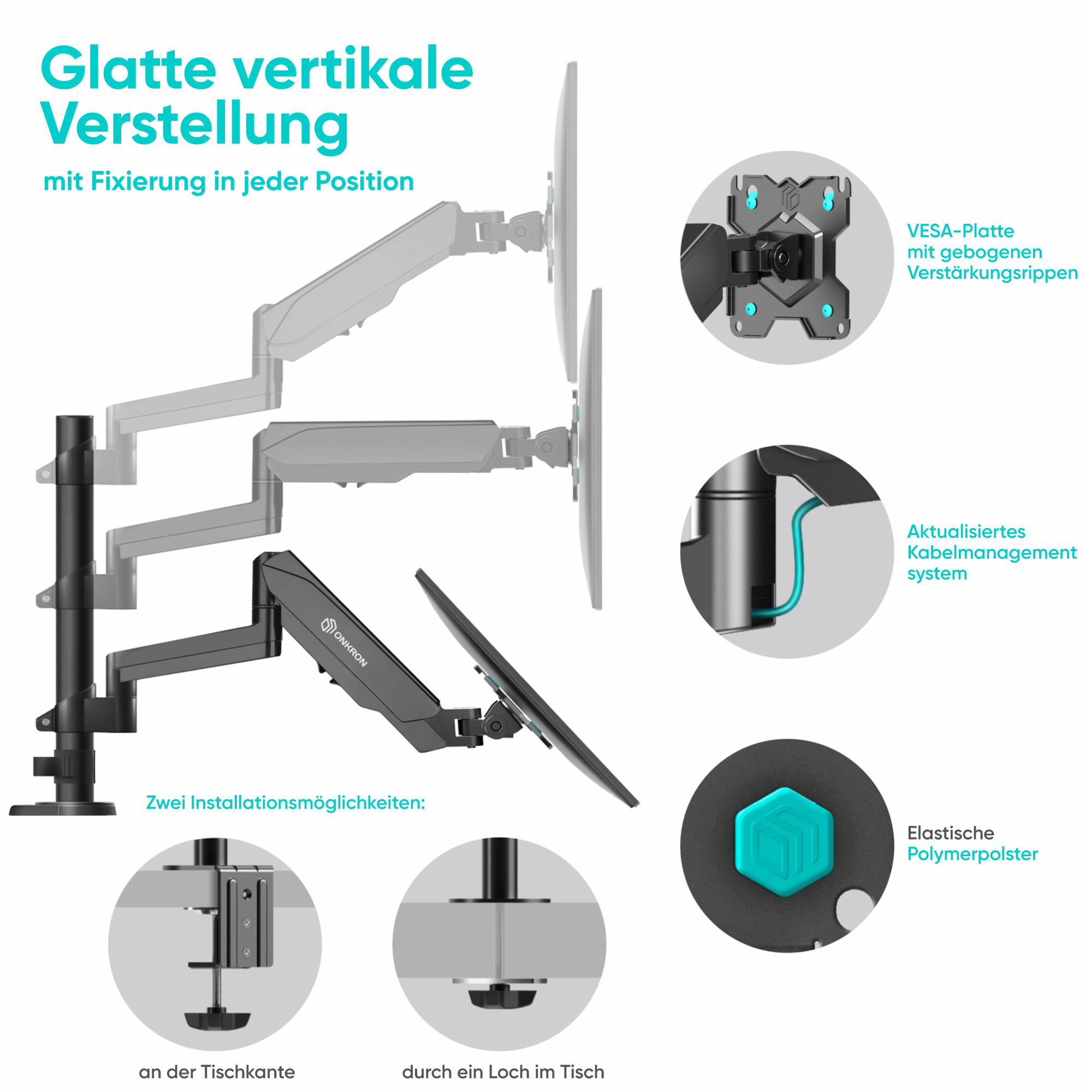 ONKRON Tischhalterung für 2 Monitore 13-32", bis 8 kg, VESA 75x75/100x100, Schwarz G140-2