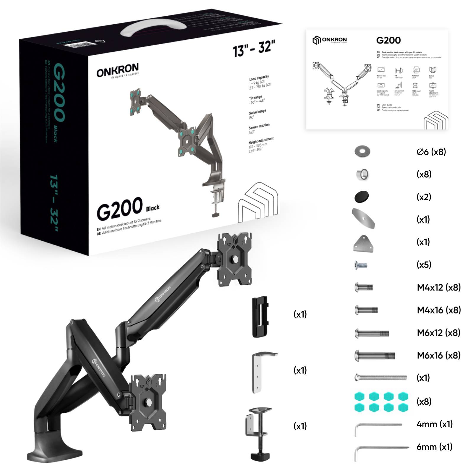ONKRON Dual Monitor Halterung 13"-32", 9 kg max (x2), VESA 75x75-100x100, neigbar, G200-B Schwarz-6