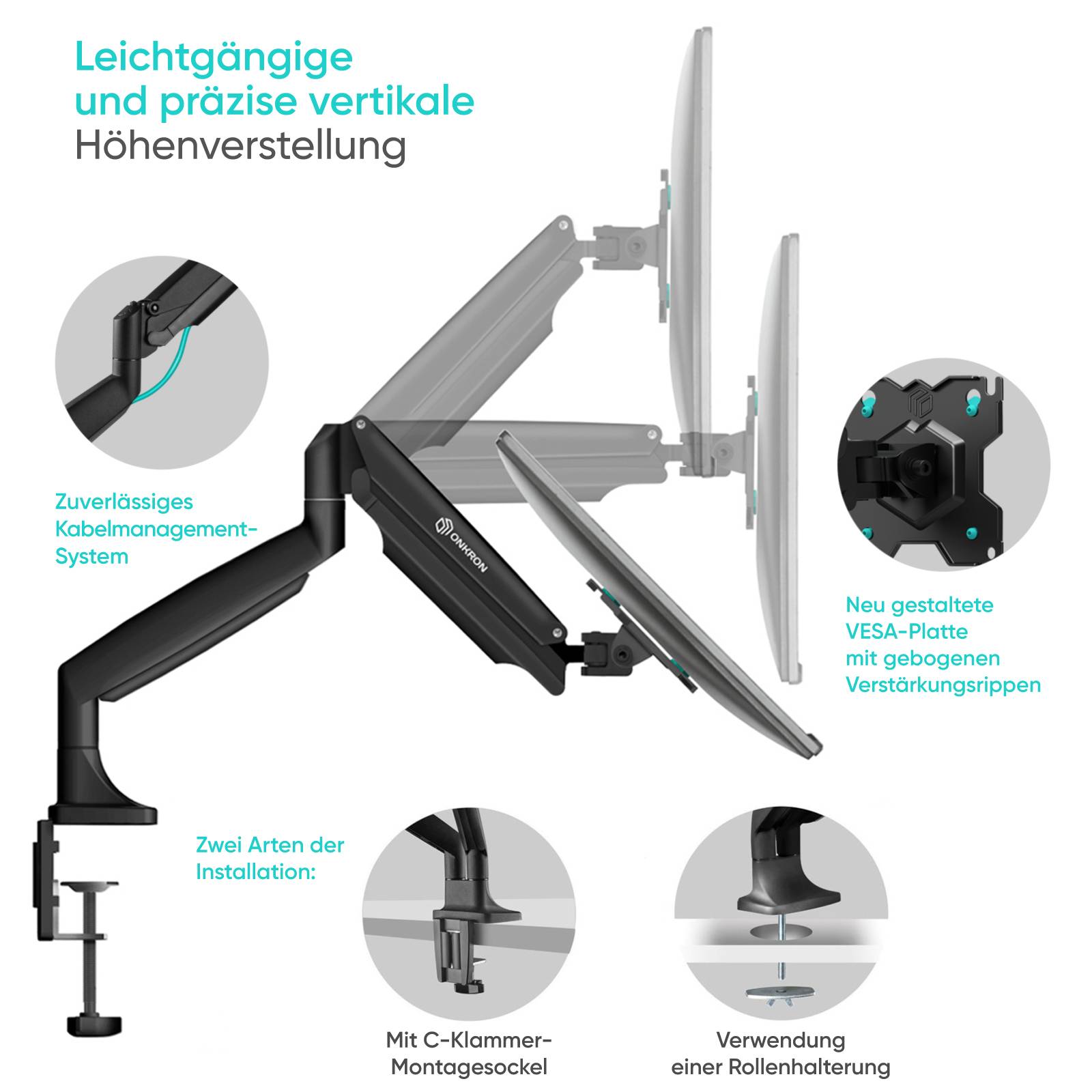 ONKRON Dual Monitor Halterung 13"-32", 9 kg max (x2), VESA 75x75-100x100, neigbar, G200-B Schwarz-2