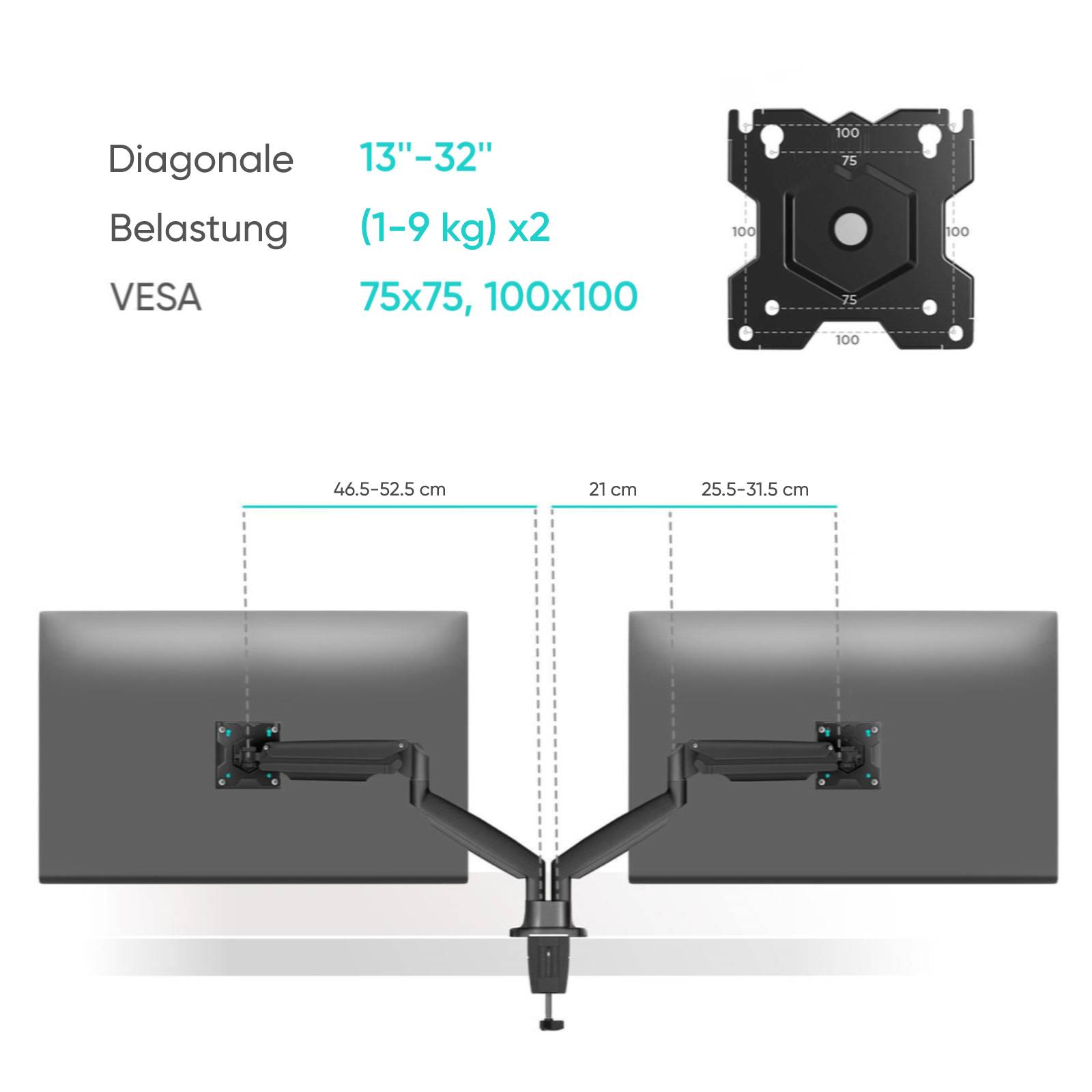 ONKRON Dual Monitor Halterung 13"-32", 9 kg max (x2), VESA 75x75-100x100, neigbar, G200-B Schwarz-4