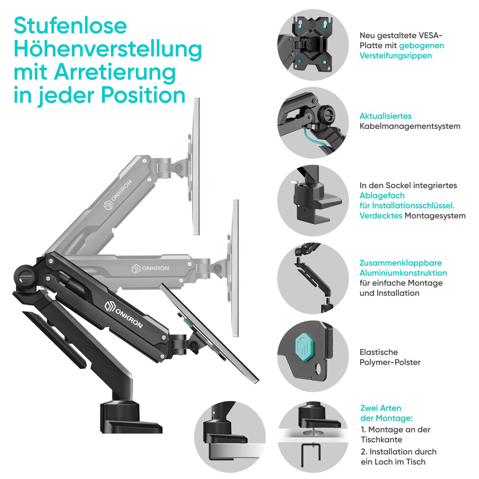 ONKRON Monitorhalterung Tisch für 13-34", VESA 75x75 & 100x100, G90-B-2