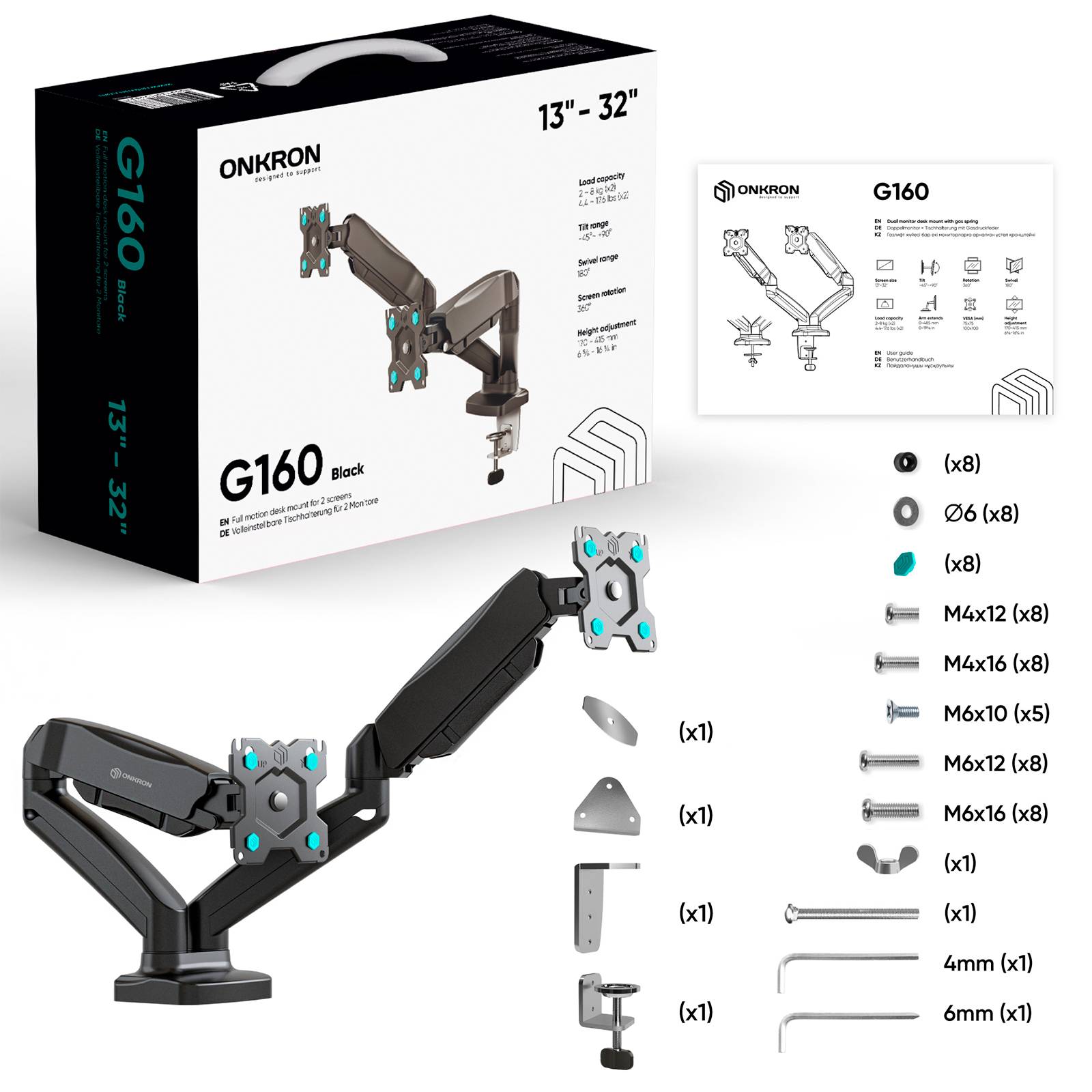 ONKRON Monitorhalterung für 2 Monitore 13-32",bis 8 kg,VESA 75x75/100x100,G160-B-6