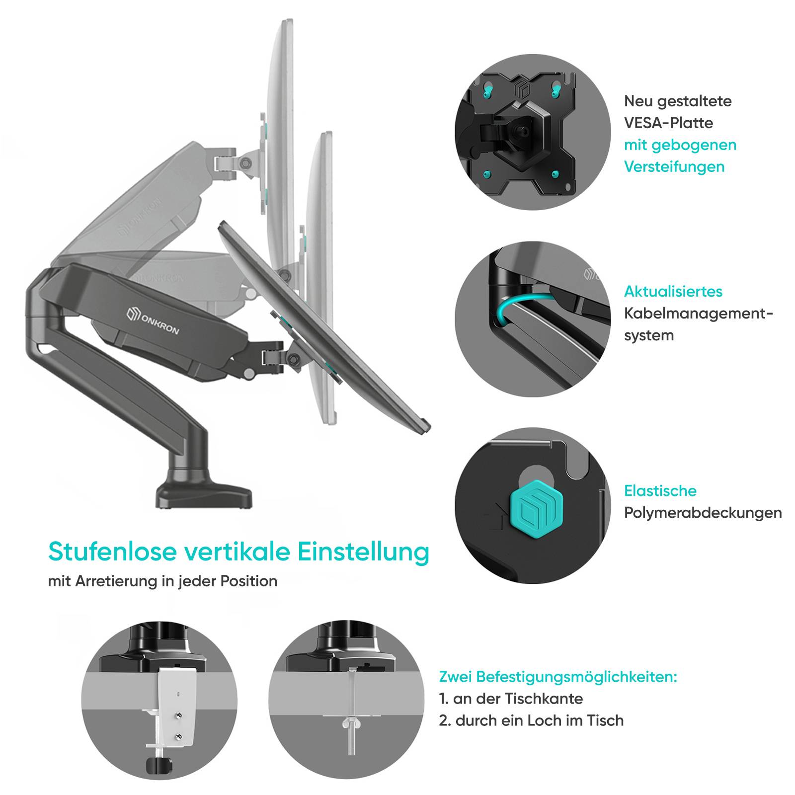 ONKRON Monitorhalterung für 2 Monitore 13-32",bis 8 kg,VESA 75x75/100x100,G160-B-2