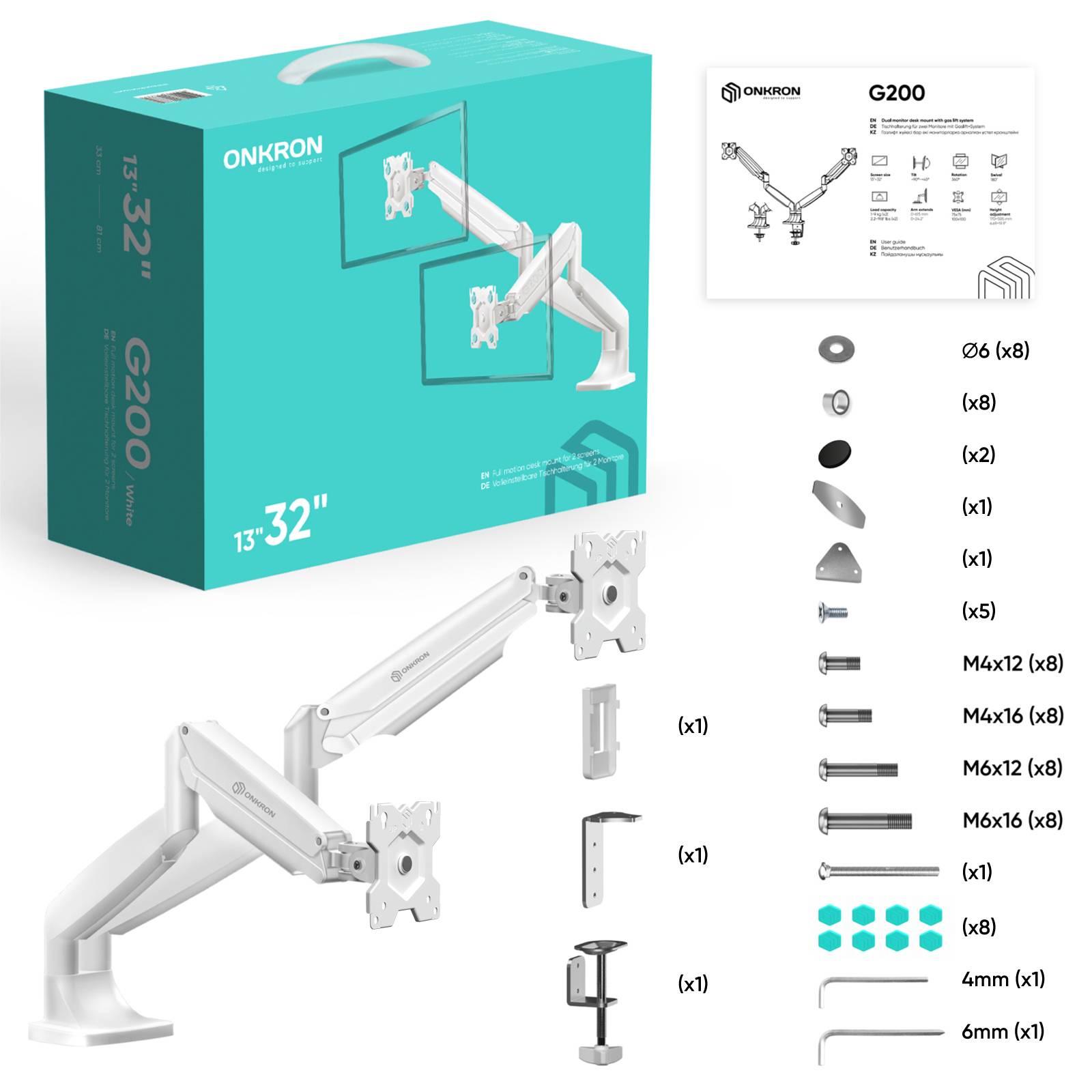 ONKRON Dual Monitor Halterung 13"-32", 9 kg max (x2), VESA 75x75-100x100, neigbar, G200-W Weiß-6