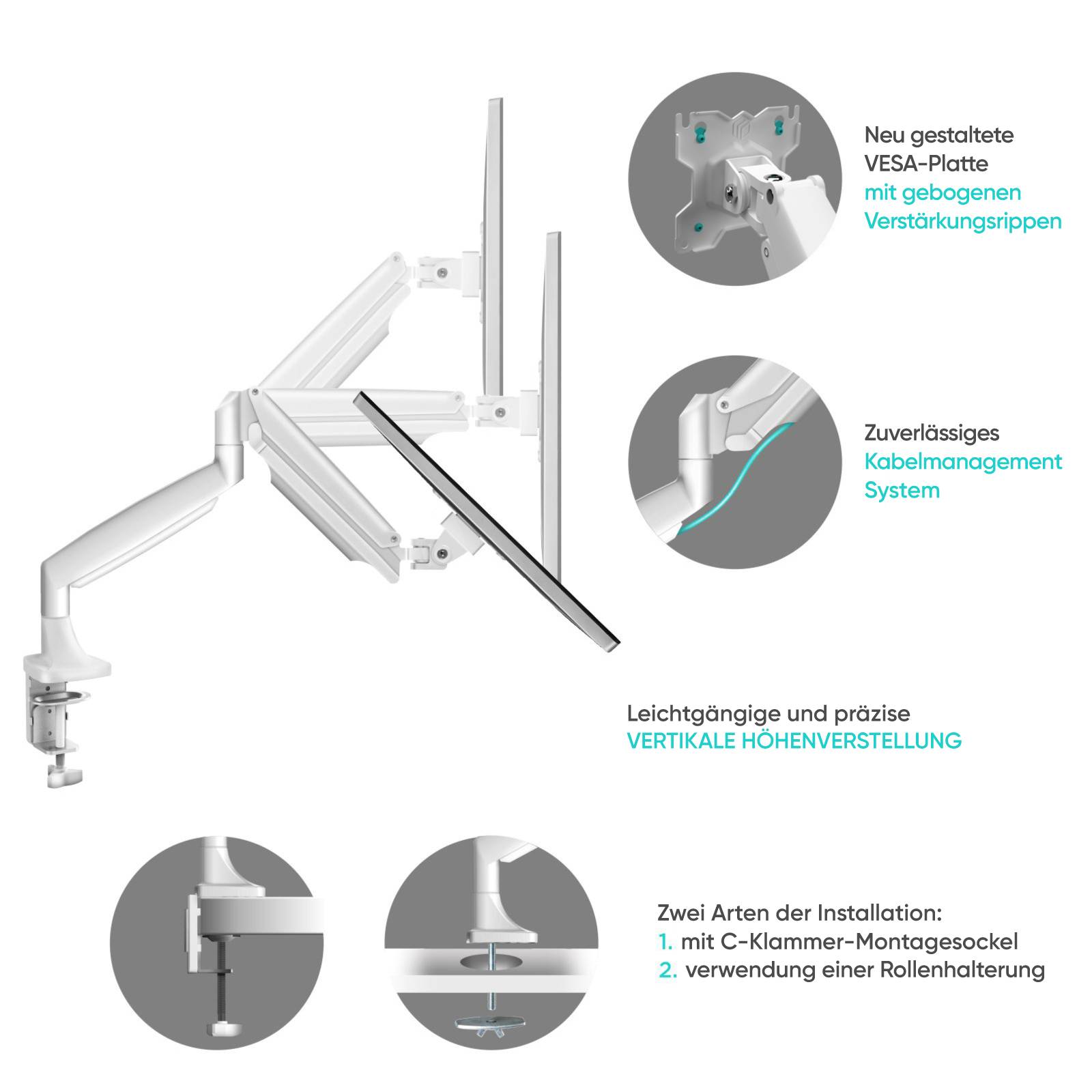 ONKRON Dual Monitor Halterung 13"-32", 9 kg max (x2), VESA 75x75-100x100, neigbar, G200-W Weiß-2