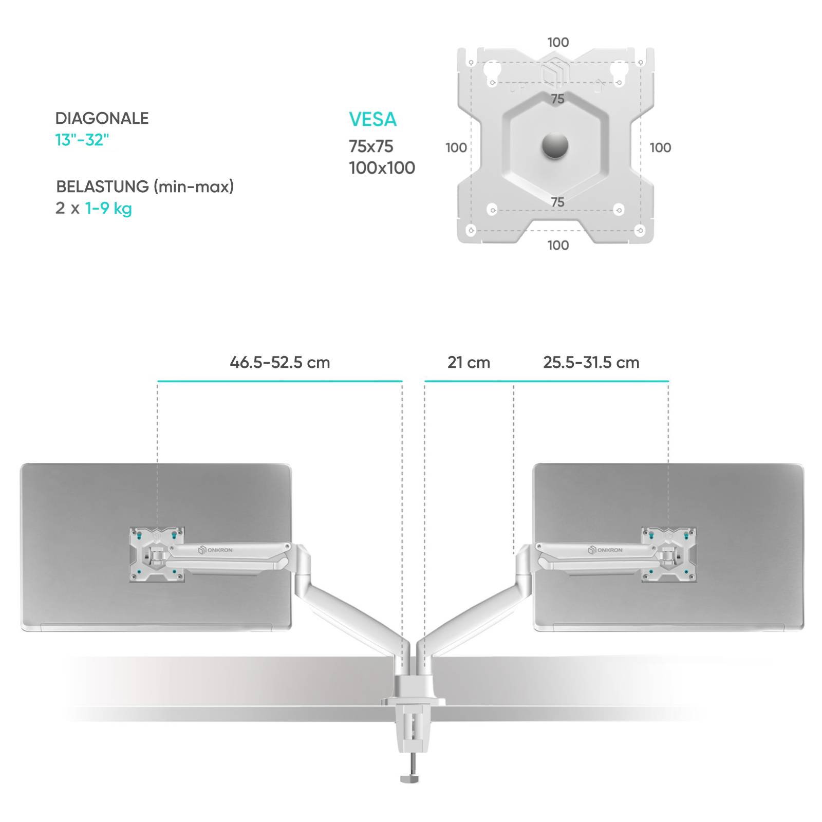 ONKRON Dual Monitor Halterung 13"-32", 9 kg max (x2), VESA 75x75-100x100, neigbar, G200-W Weiß-4