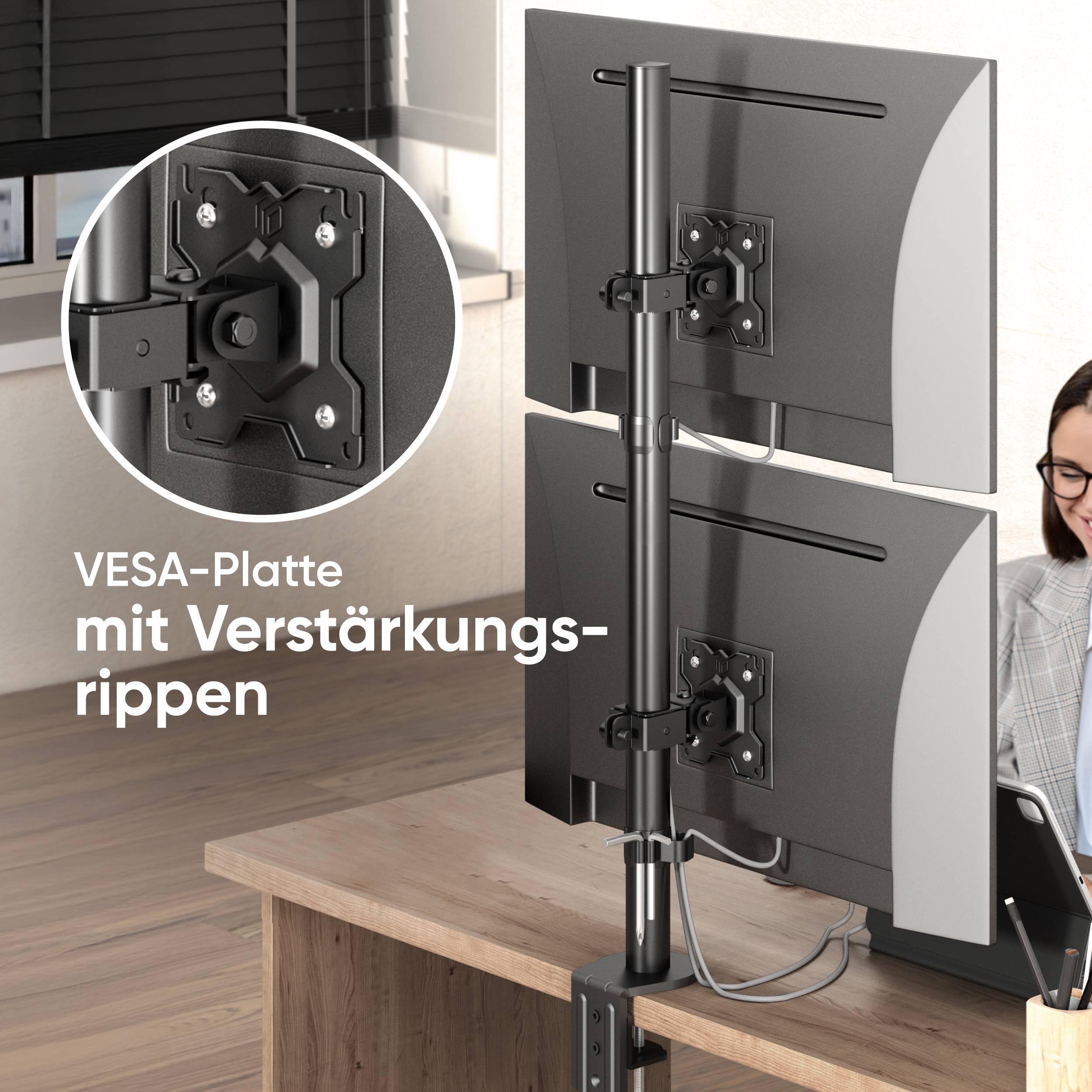 ONKRON Doppel Monitorhalterung für 2 Monitore 13-34", bis 8 kg, VESA 75x75 & 100x100, D208E-5
